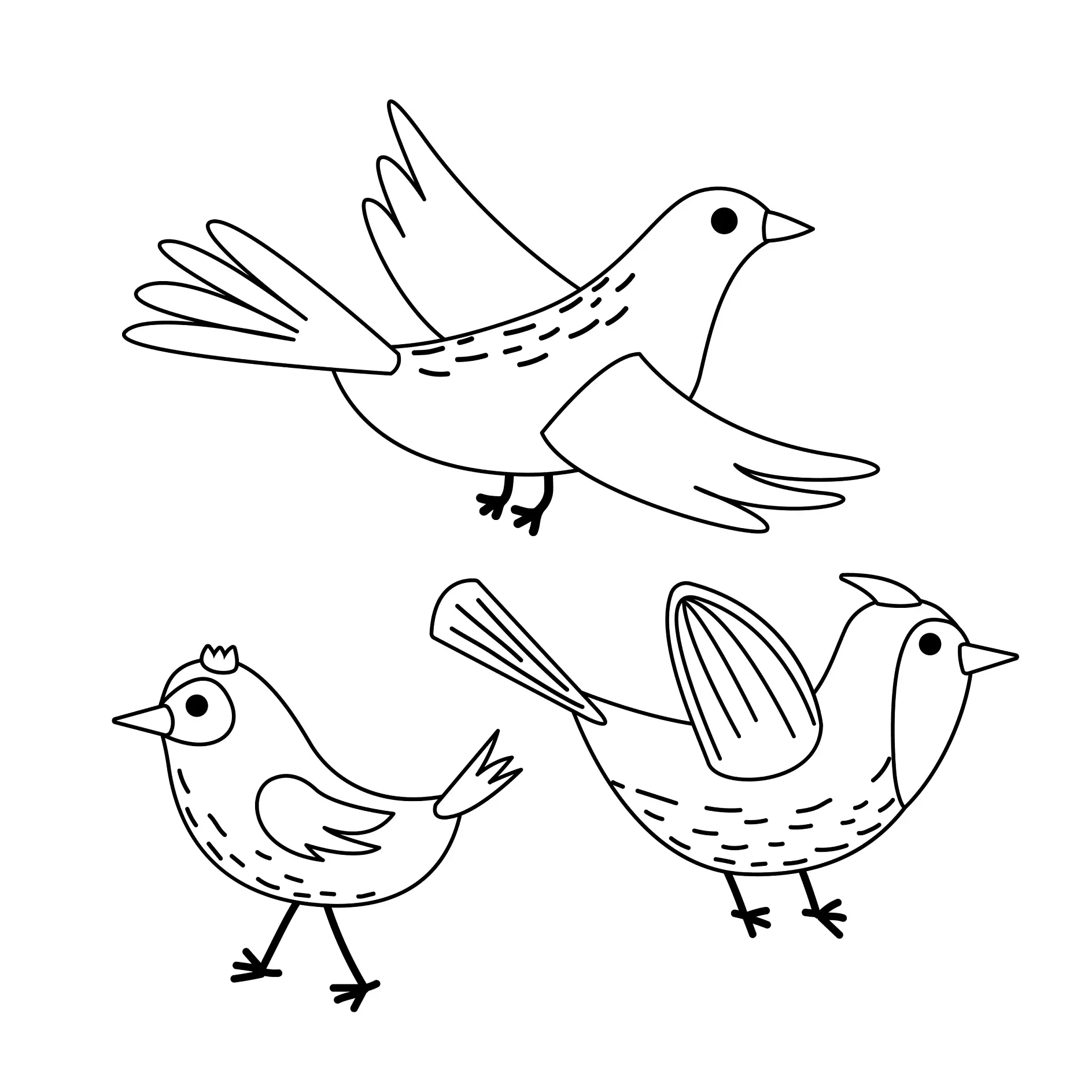 Ausmalbild drei Vögel laufen und fliegen