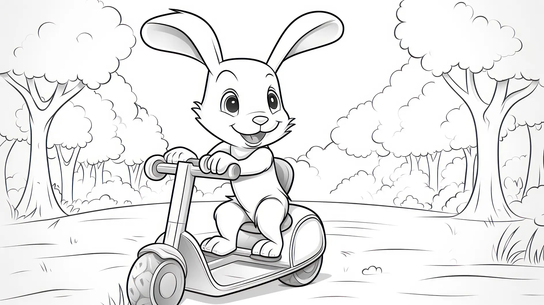 Ausmalbild fröhlicher Hase fährt TretrollerHappy rabbit riding a scooter in coloring book page for kids