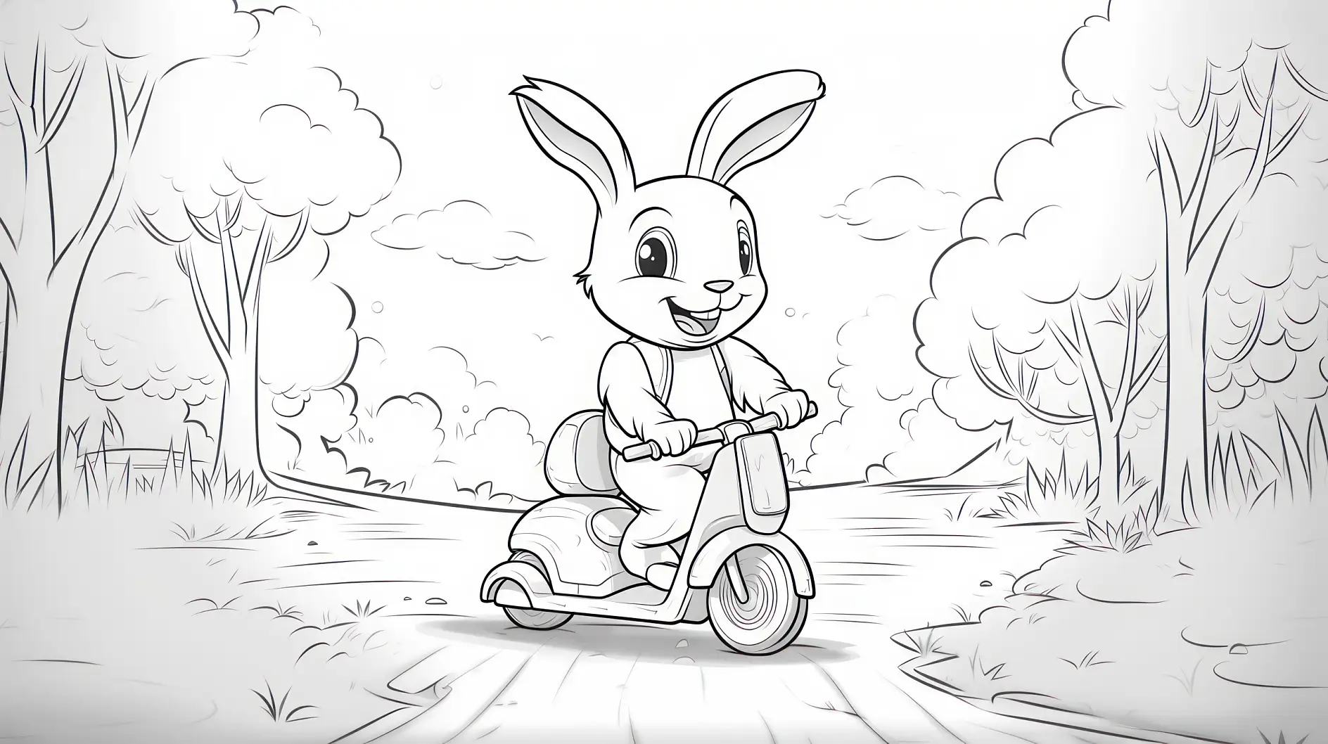 Ausmalbild Hase auf Roller im WaldHappy rabbit riding a scooter in coloring book page for kids
