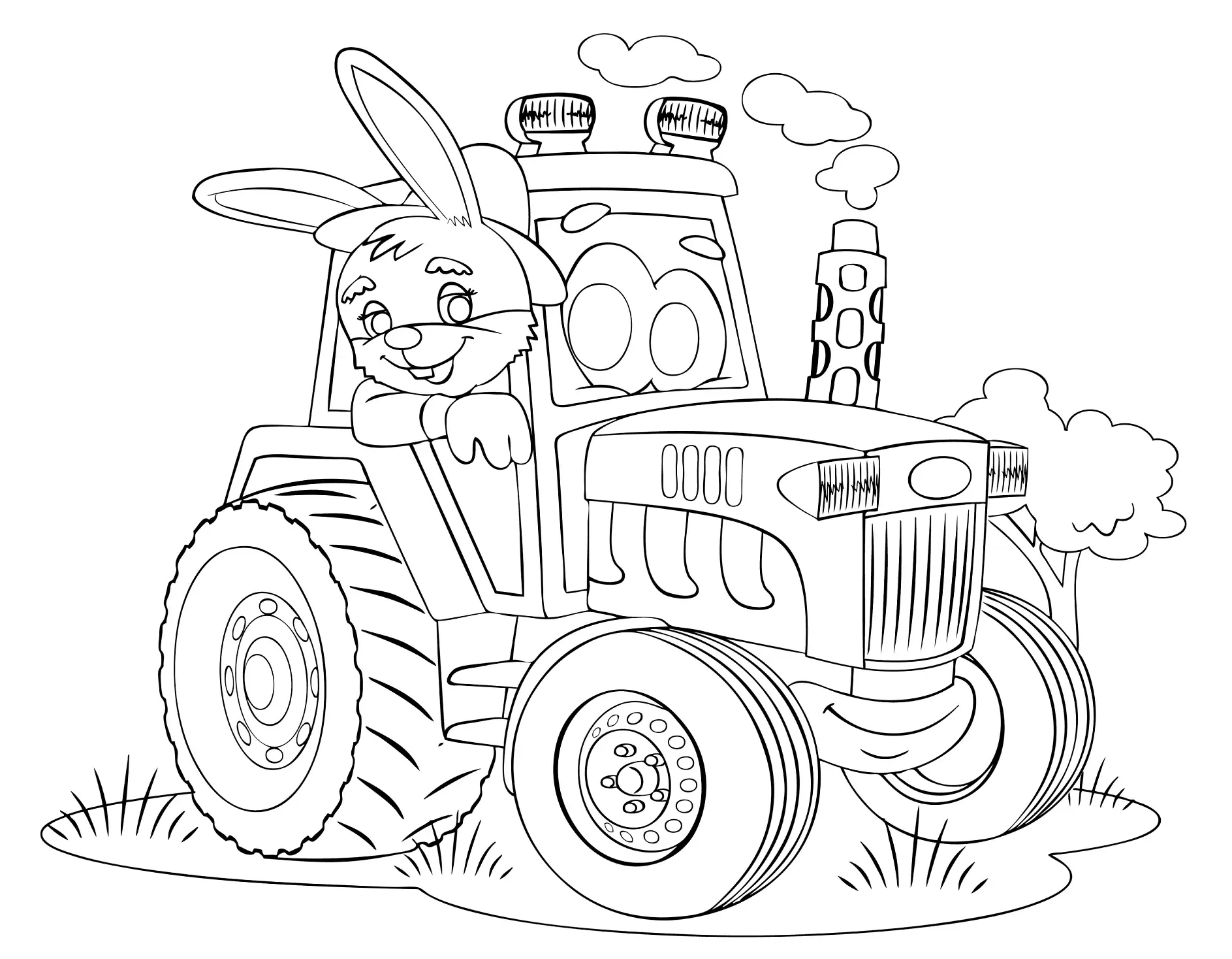 Ausmalbild Hase fährt Traktor