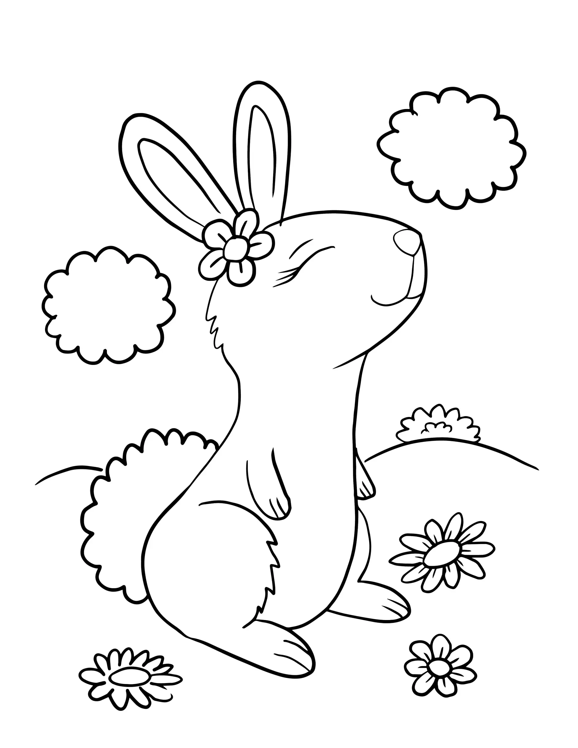 Ausmalbild Hase mit Blume im Ohr und Blumen