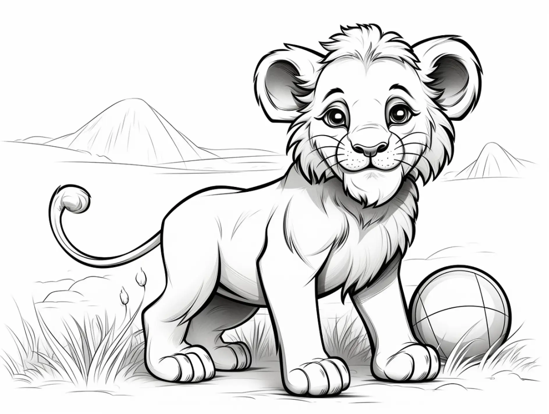 Ausmalbild junger Löwe vor Landschaft mit Ball