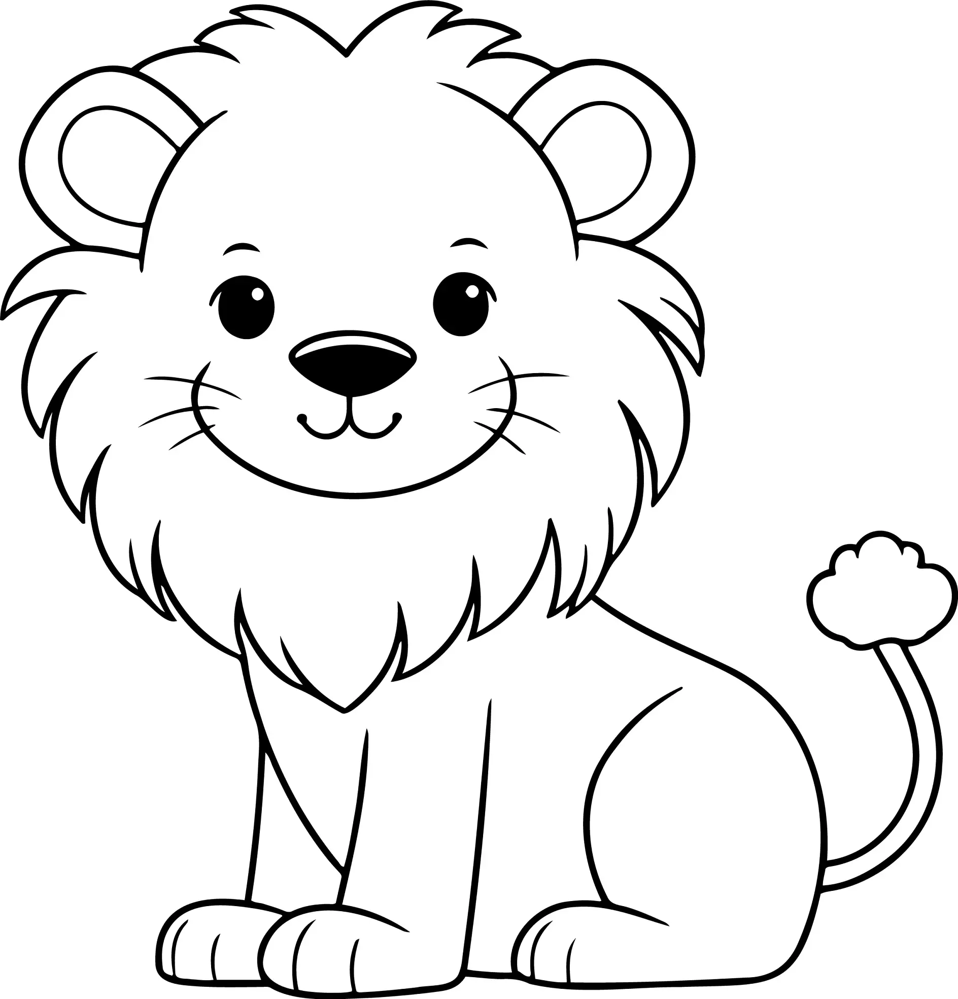 Ausmalbild kleiner Löwe sitzend lächelndLion vector illustration. Black and white outline Lion coloring book or page for children
