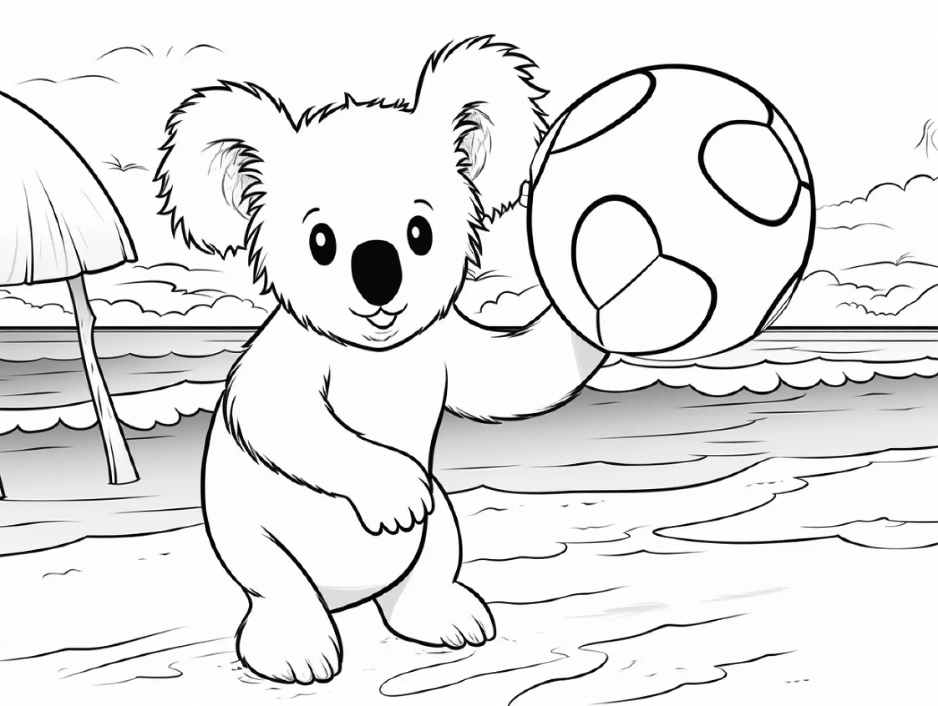 Ausmalbild Koala am Strand mit Ball und Sonnenschirm