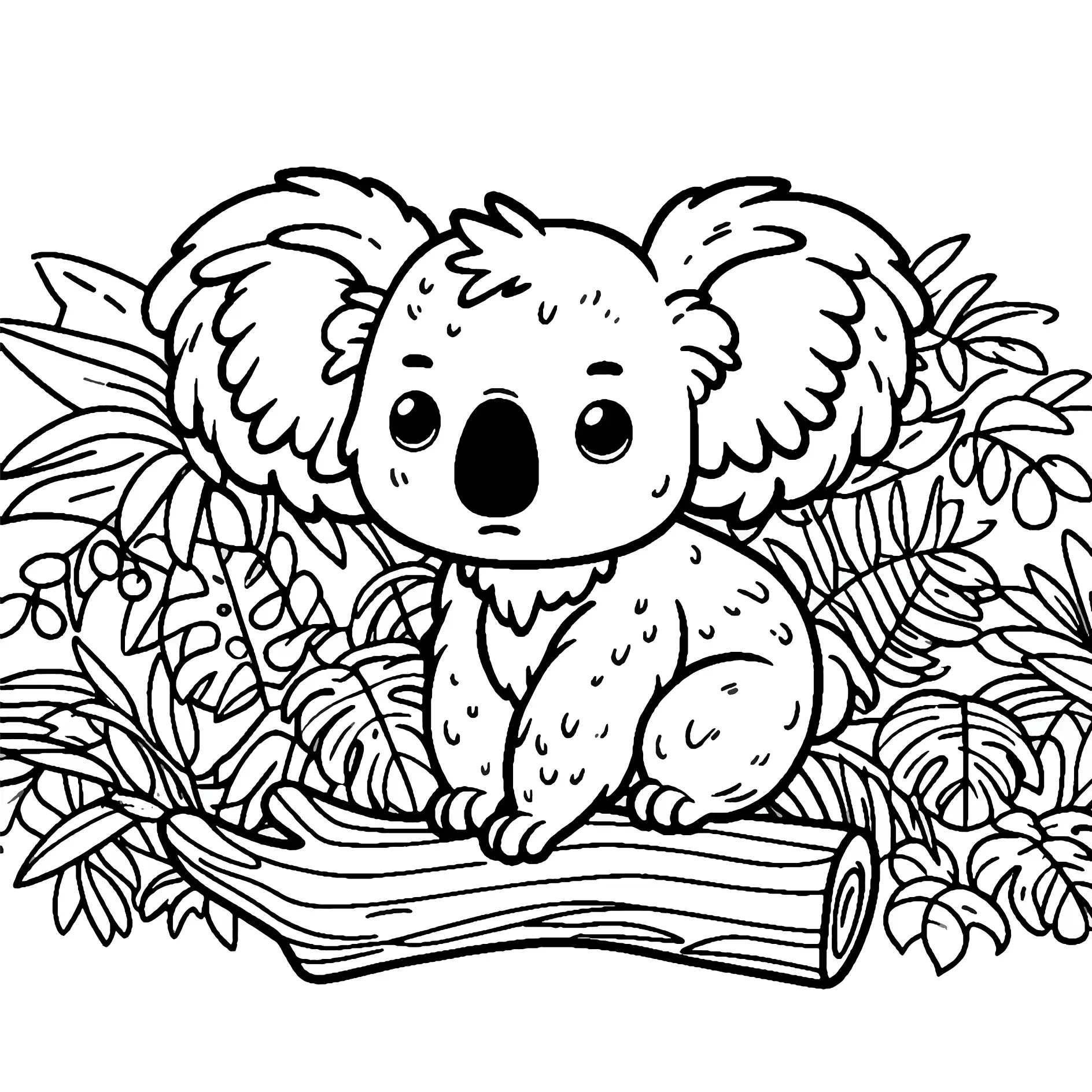 Ausmalbild Koala auf Ast mit Blättern