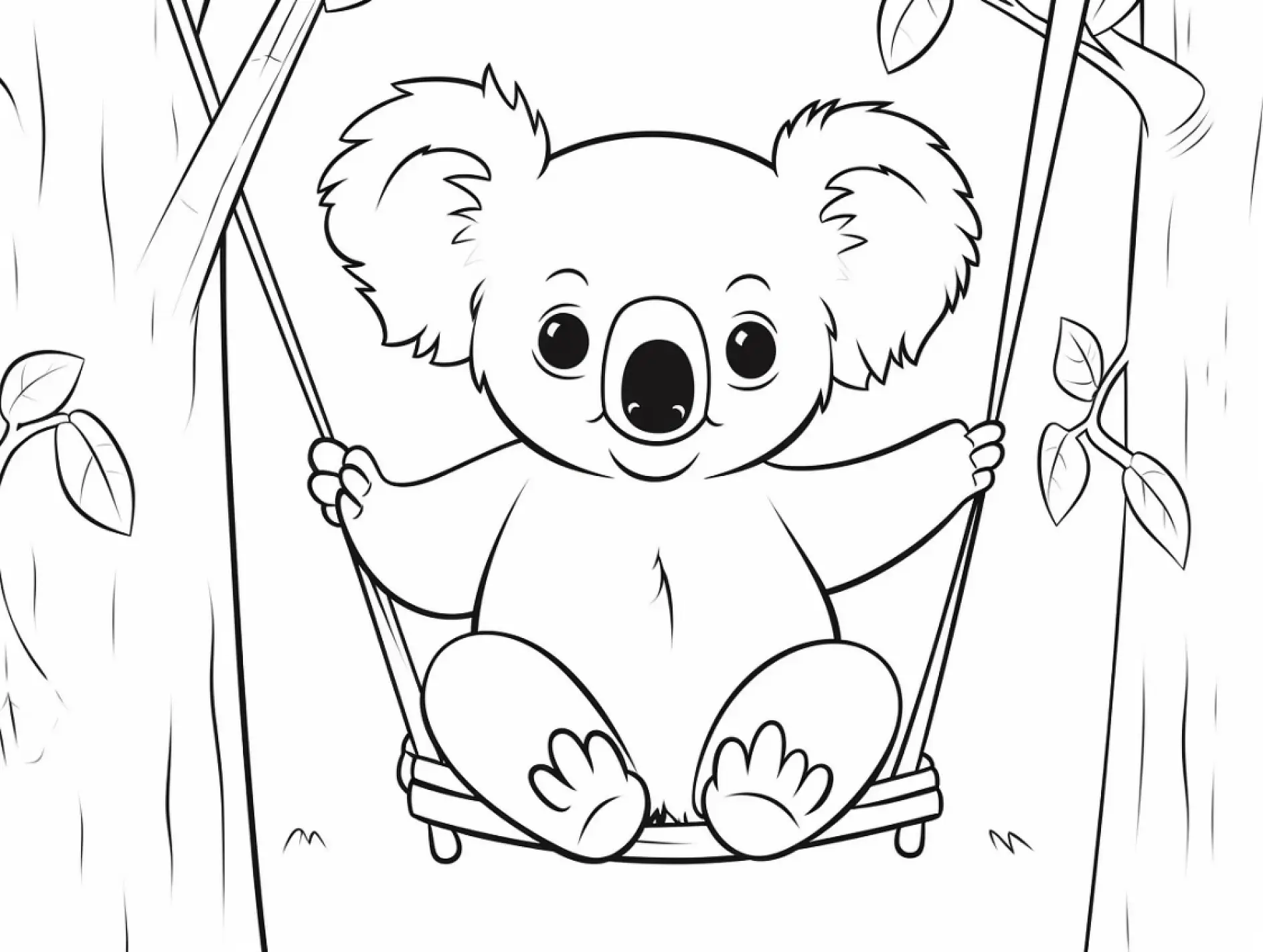 Ausmalbild Koala auf Schaukel im Baum
