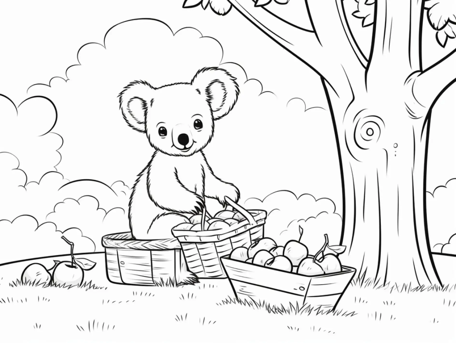 Ausmalbild Koala beim Picknick mit Körben und Äpfeln