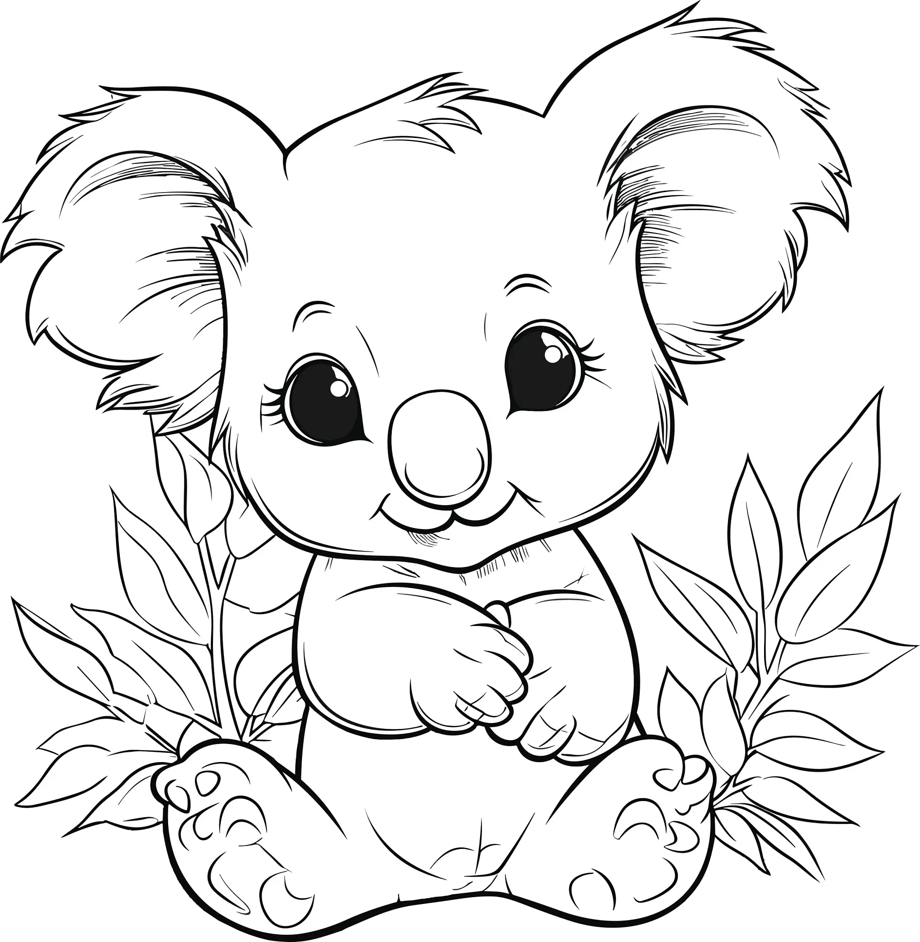 Ausmalbild Koala lächelt zwischen Eukalyptusblättern