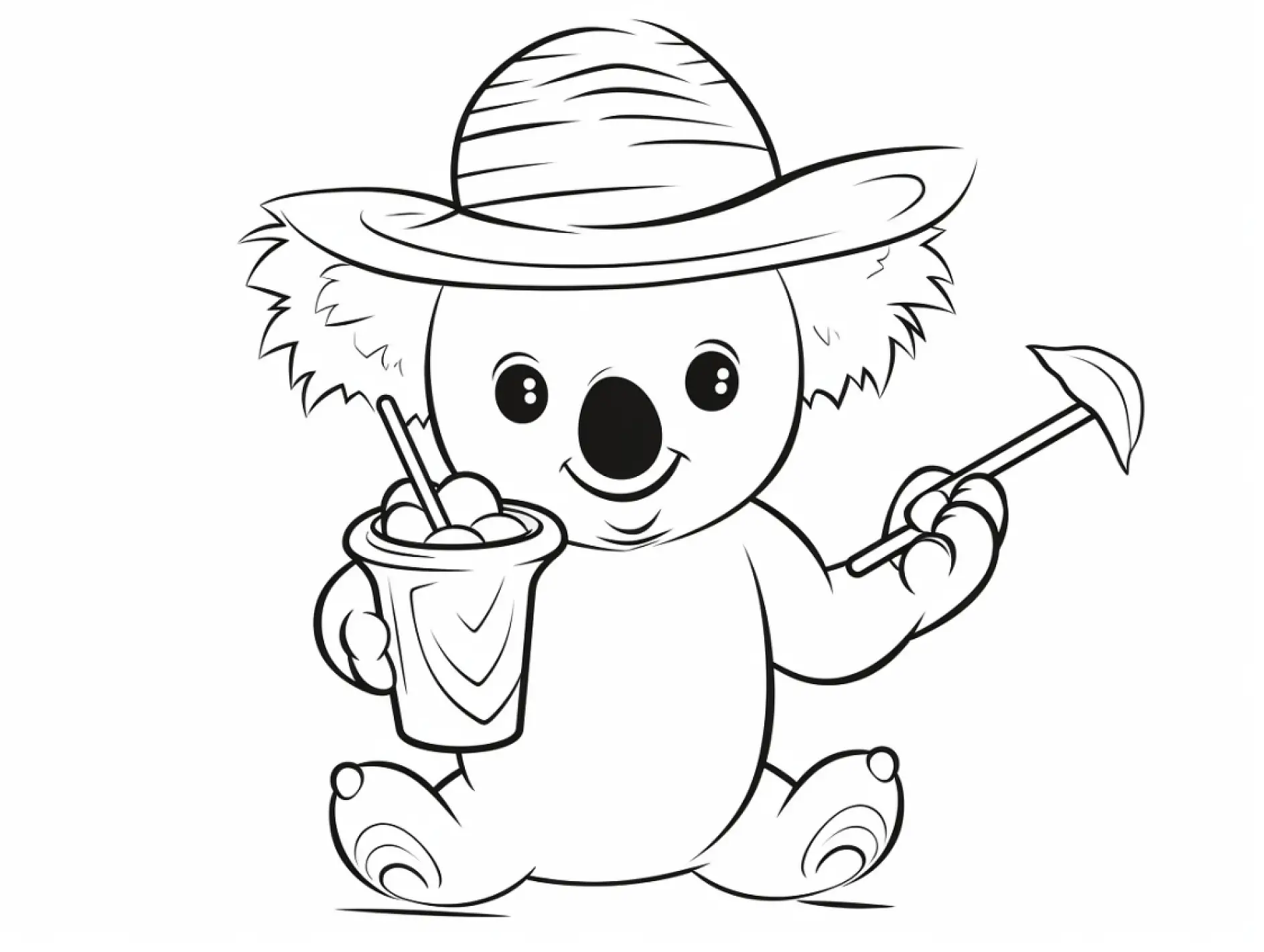 Ausmalbild Koala mit Hut hält Getränk und Schaufel