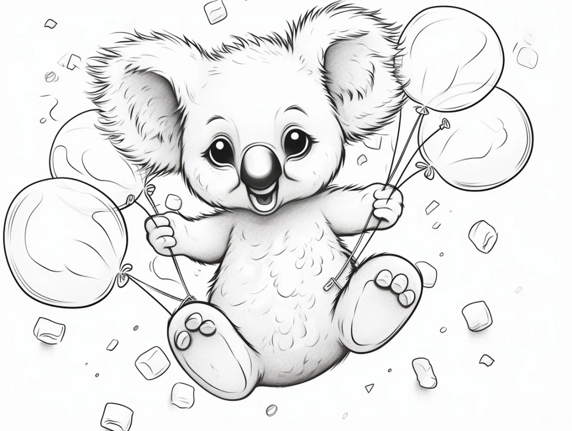 Ausmalbild Koala mit Luftballons und Konfetti