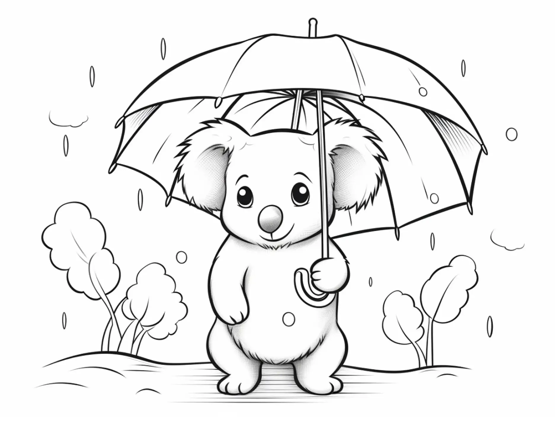 Ausmalbild Koala mit Regenschirm im Regen