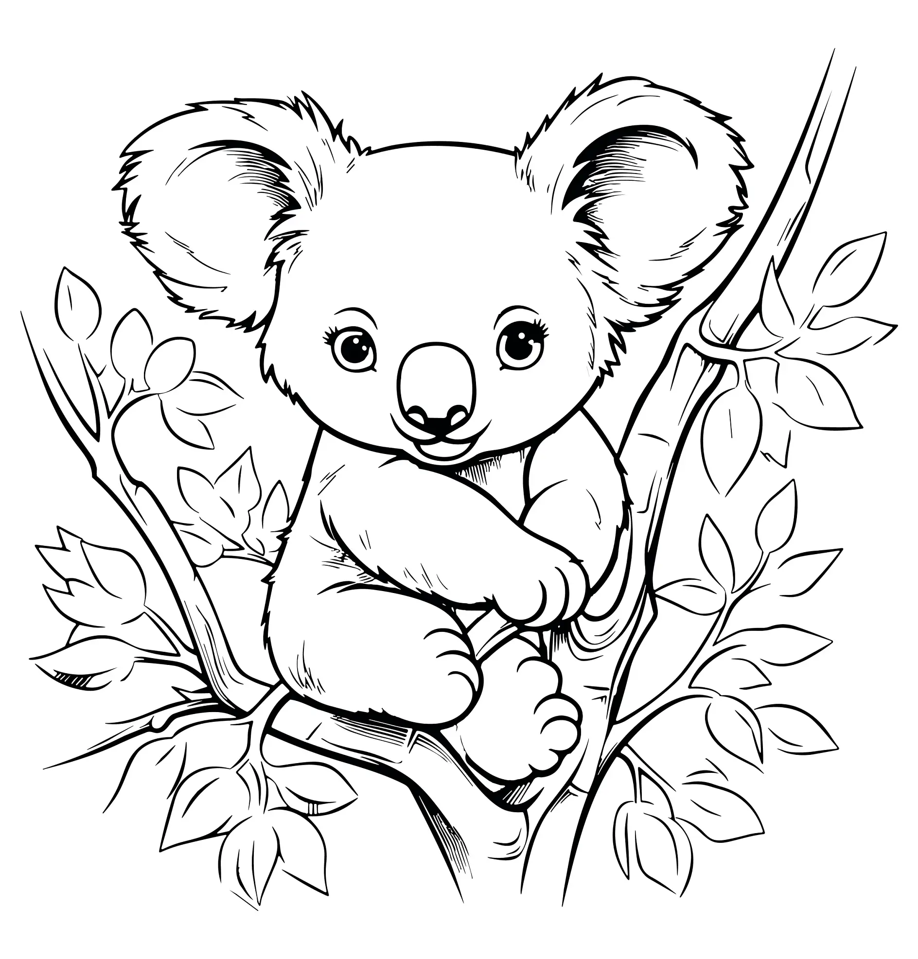 Ausmalbild Koala sitzt auf Eukalyptuszweig