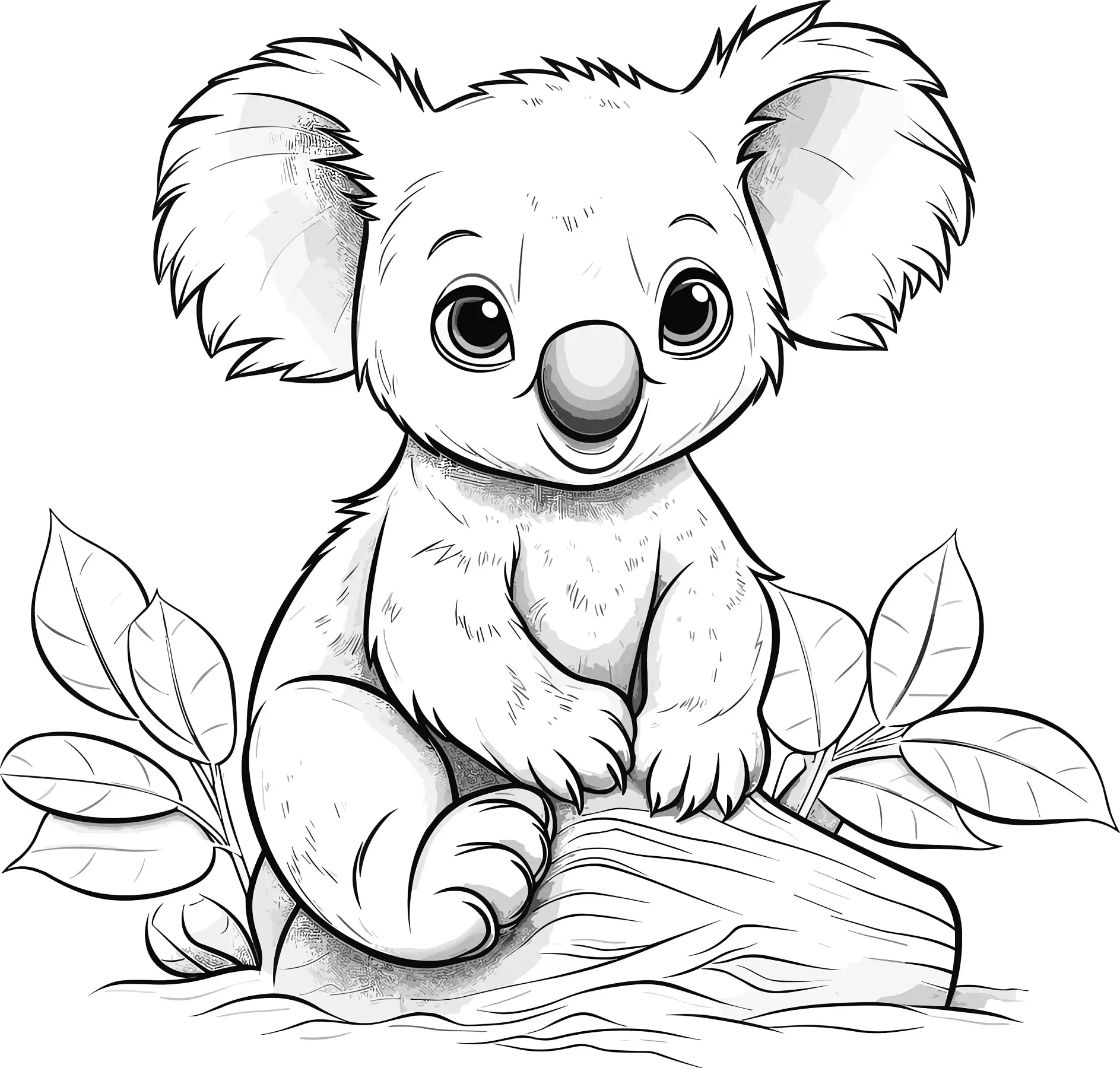 Ausmalbild Koala sitzt auf Holzstück umgeben von Blättern