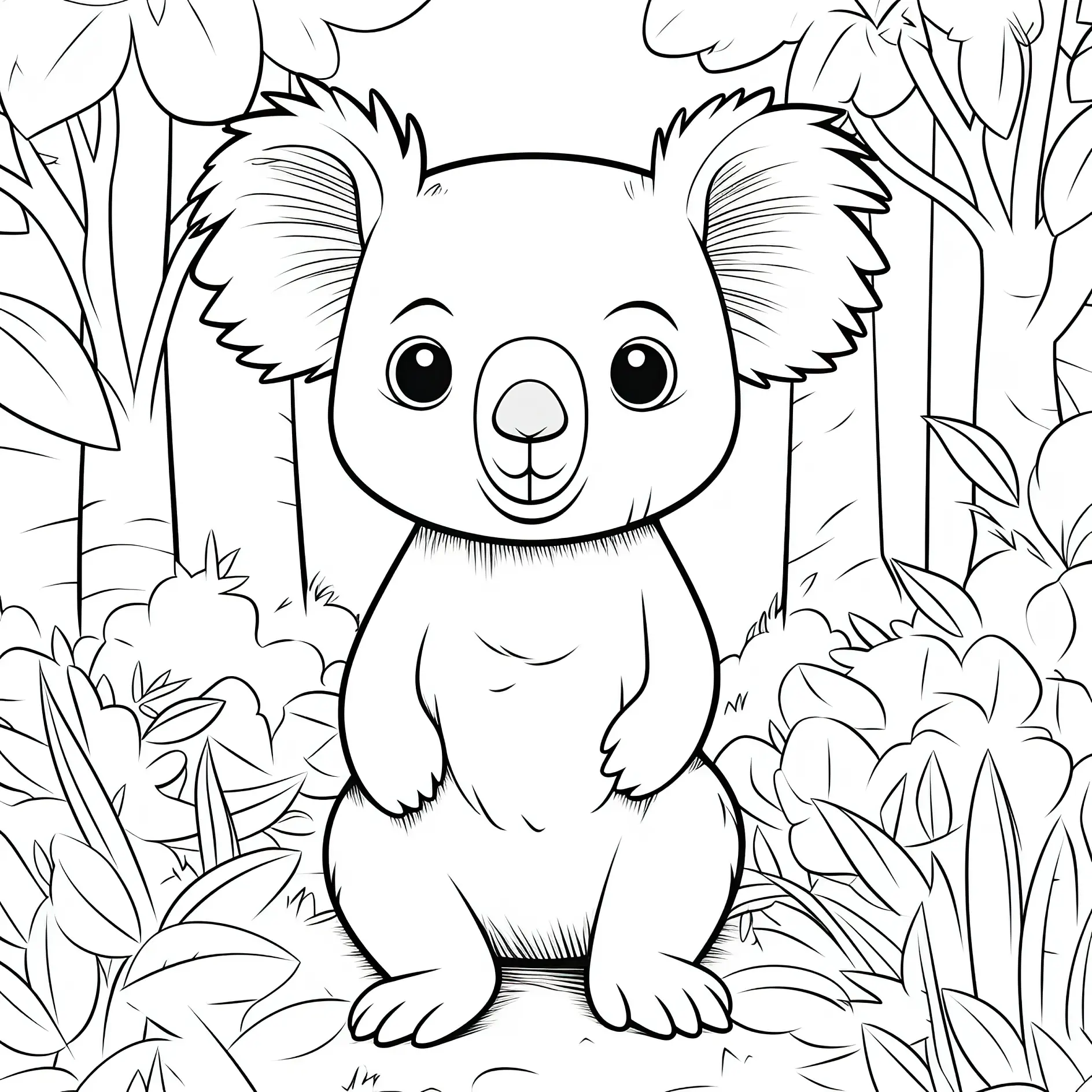Ausmalbild Koala sitzt im dichten Busch