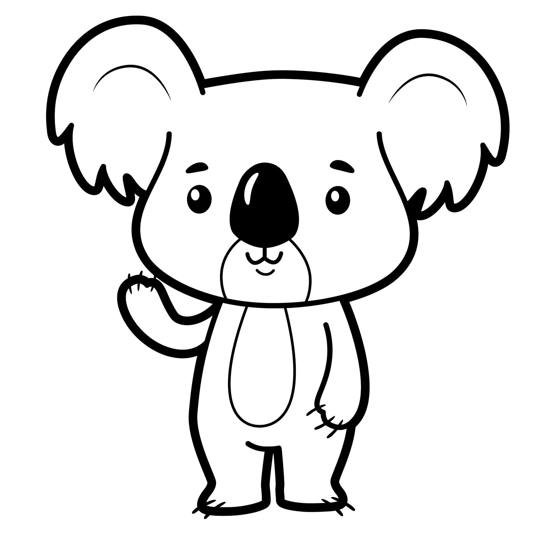 Ausmalbild Koala steht und winktColoring book or page for kids. koala black and white illustration