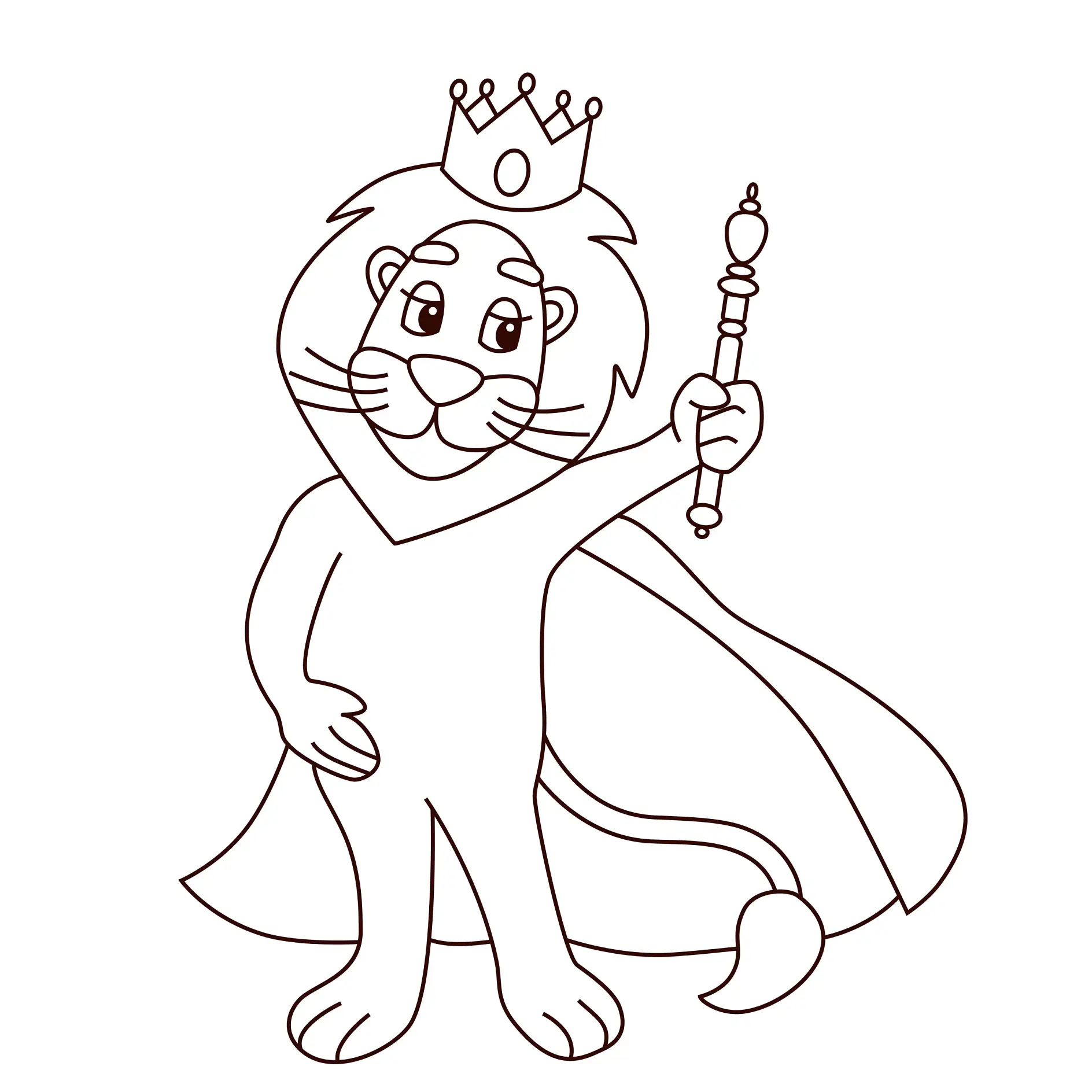 Ausmalbild Löwe als König mit Zepter und Umhang