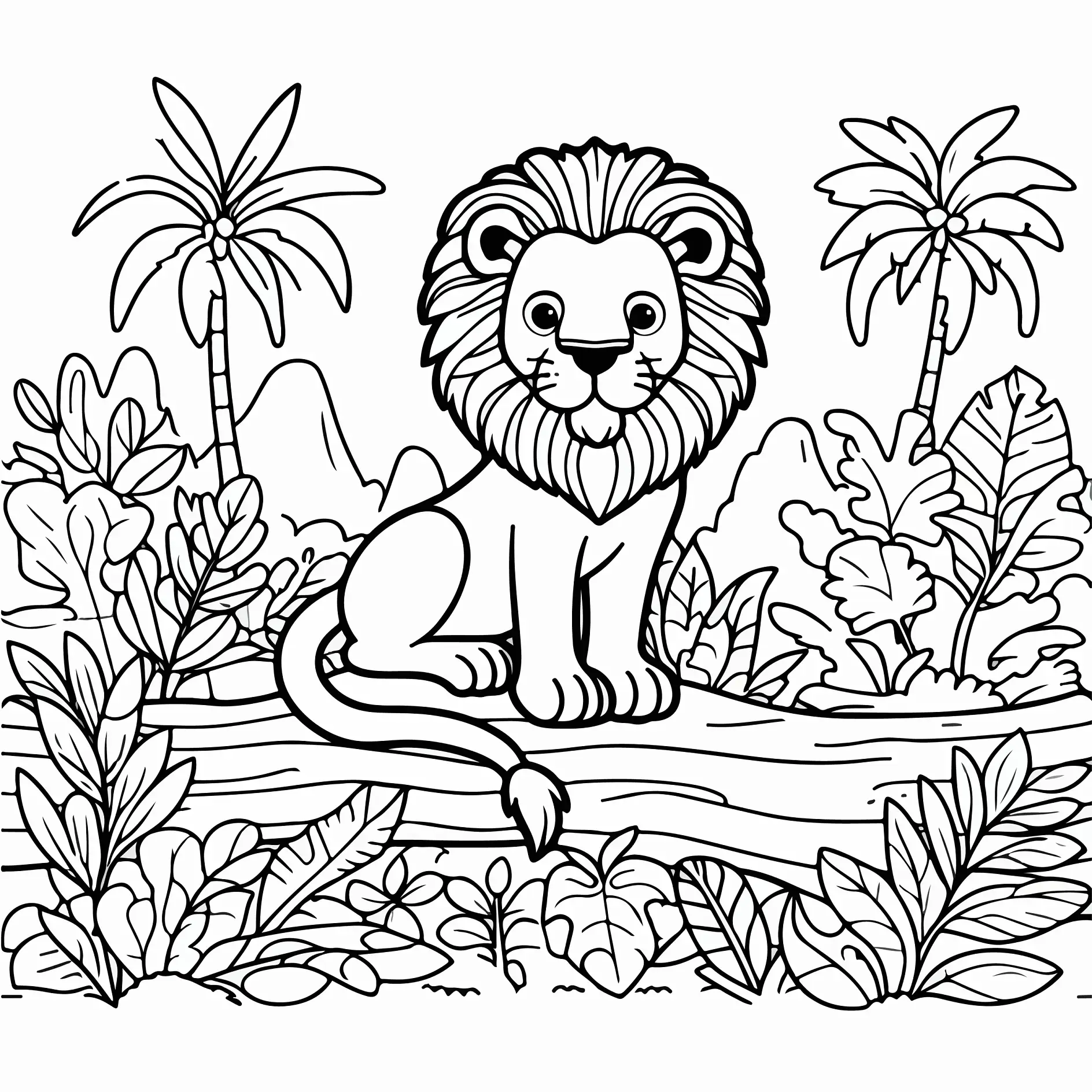 Ausmalbild Löwe auf Ast Tropen Kulisse