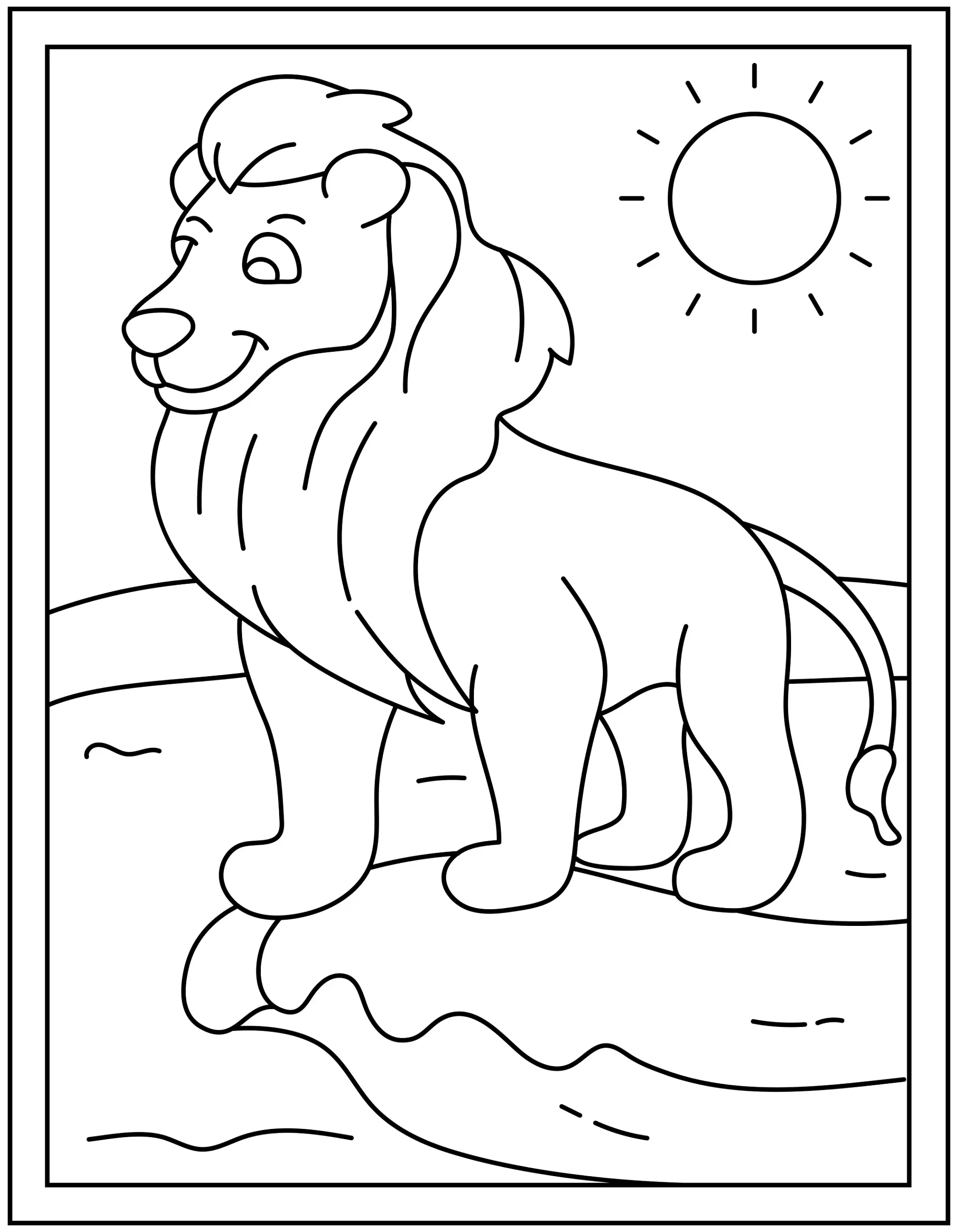 Ausmalbild Löwe auf Fels unter Sonne