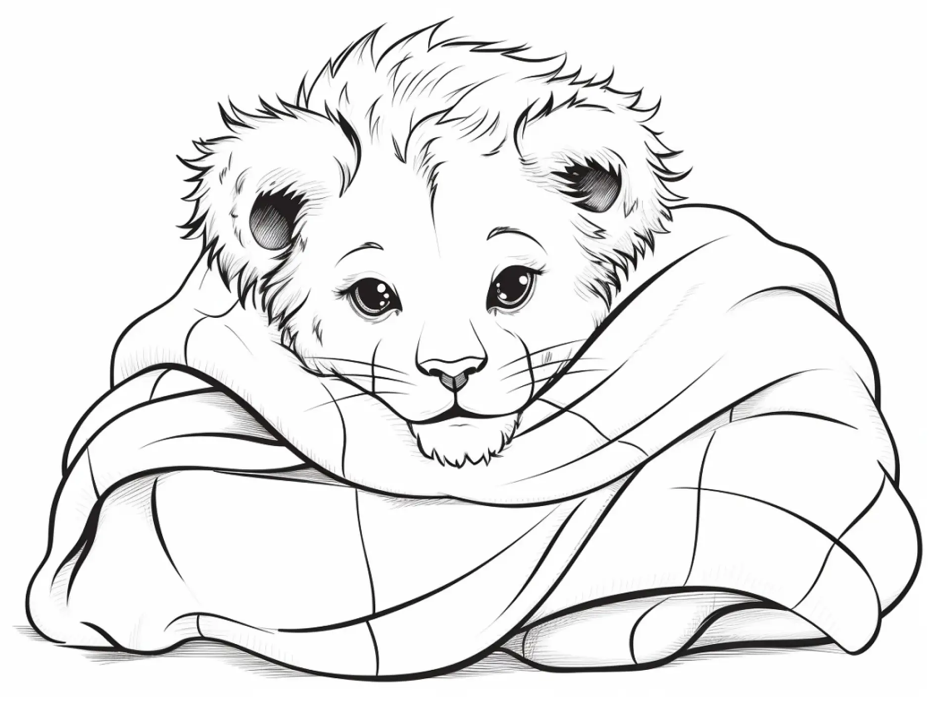 Ausmalbild Löwe in Decke gekuschelt
