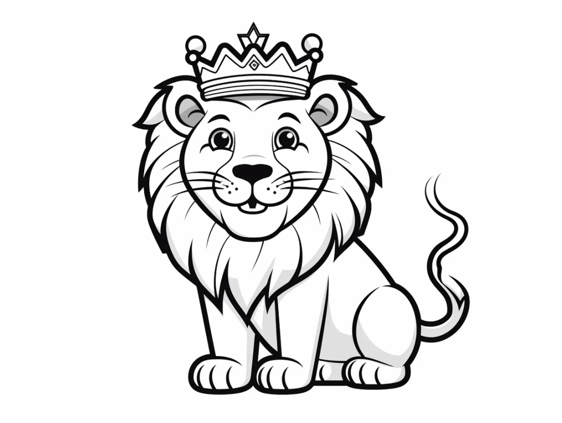 Ausmalbild Löwe mit Krone sitzend lächelnd