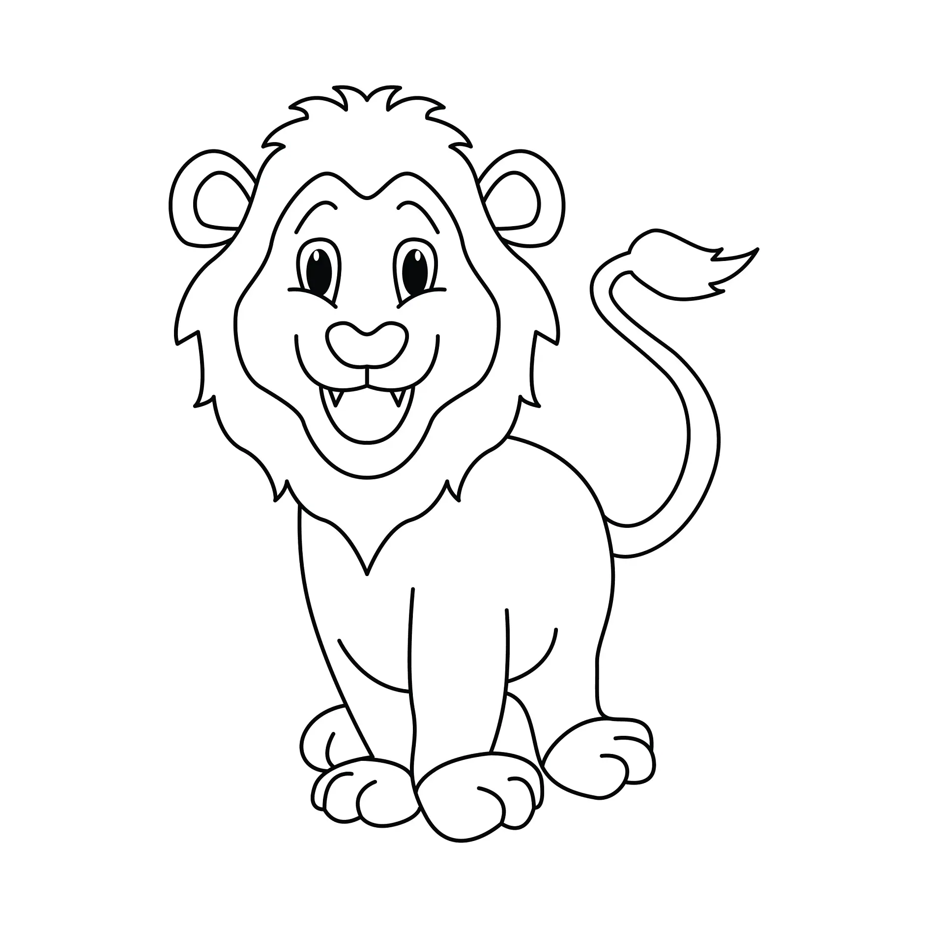 Ausmalbild Löwe sitzend mit aufgewecktem Blick lächelnd