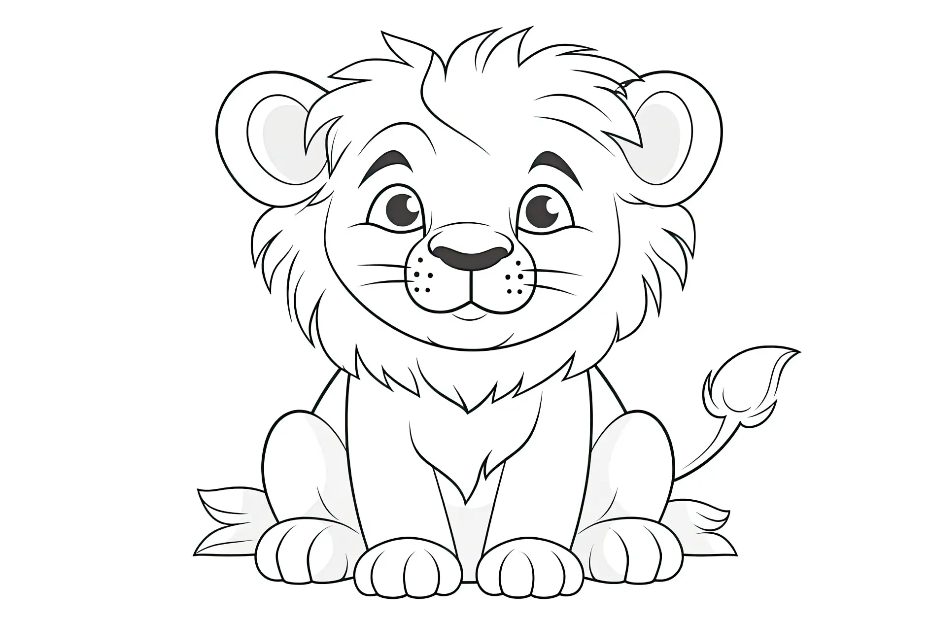 Ausmalbild Löwe sitzend mit zufriedenem GesichtsausdruckHappy Lion drawn on a white background. Generative ai.