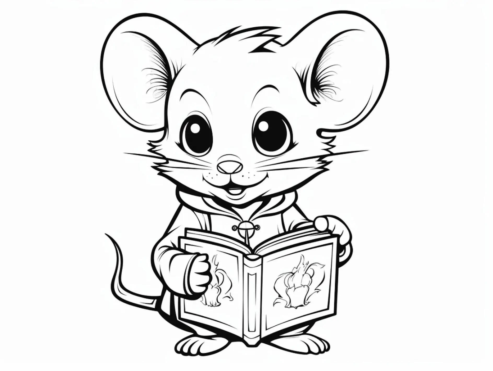 Ausmalbild Maus liest Buch und lächelt