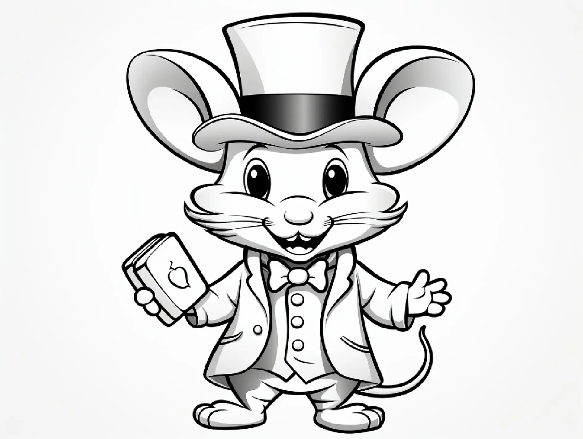 Ausmalbild Maus mit Hut und Anzug hält Karte