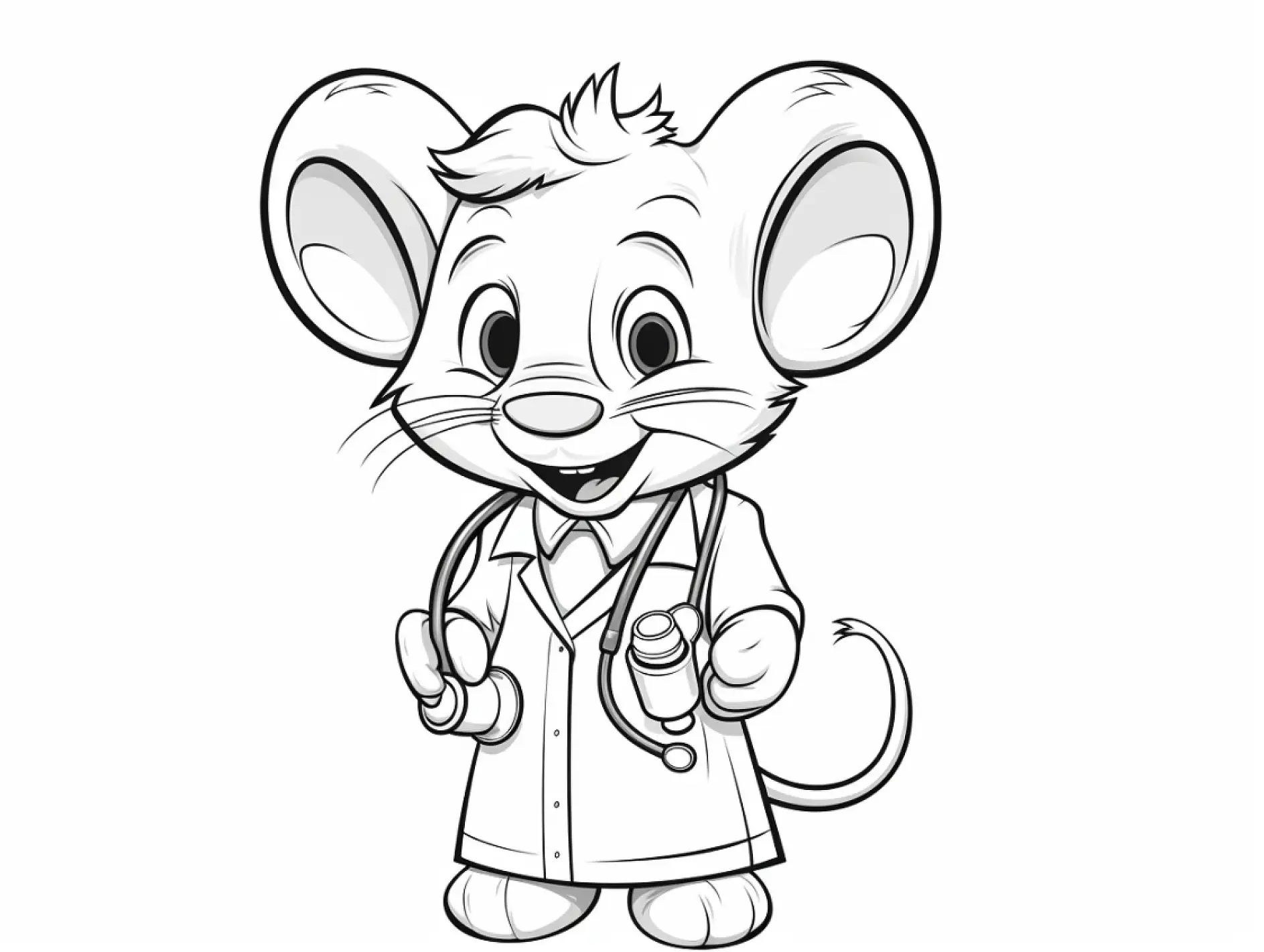Ausmalbild Maus mit Kittel und Stethoskop lächelt
