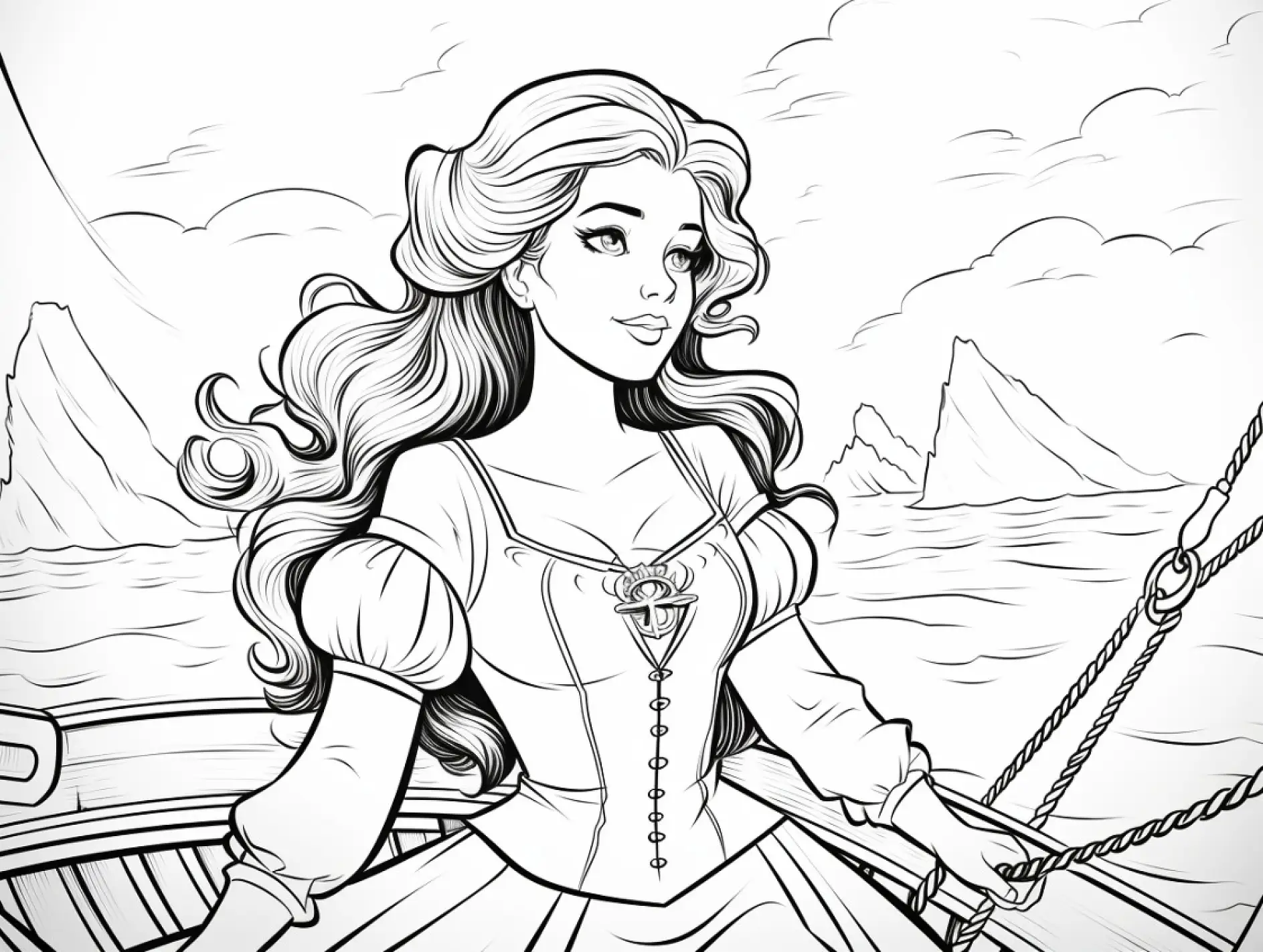 Ausmalbild Prinzessin am Schiff Meer Berge