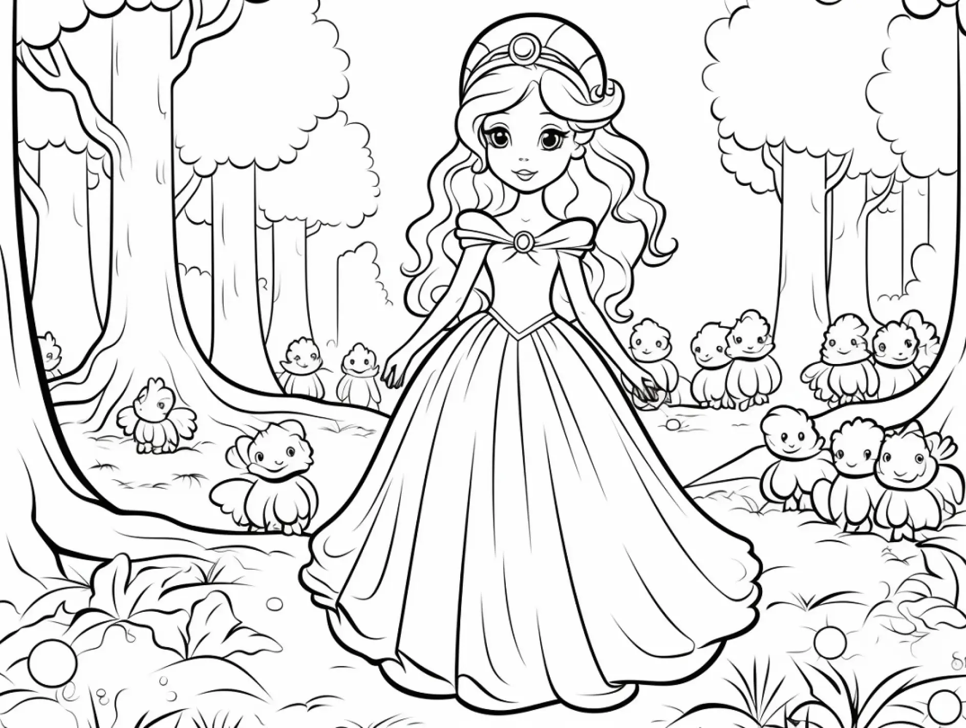 Ausmalbild Prinzessin im Wald Vögel