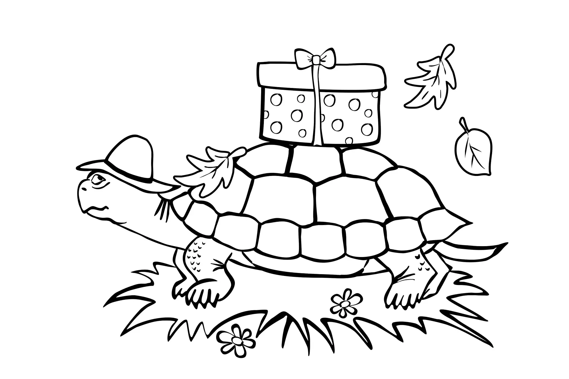 Ausmalbild Schildkröte mit Hut trägt Geschenk