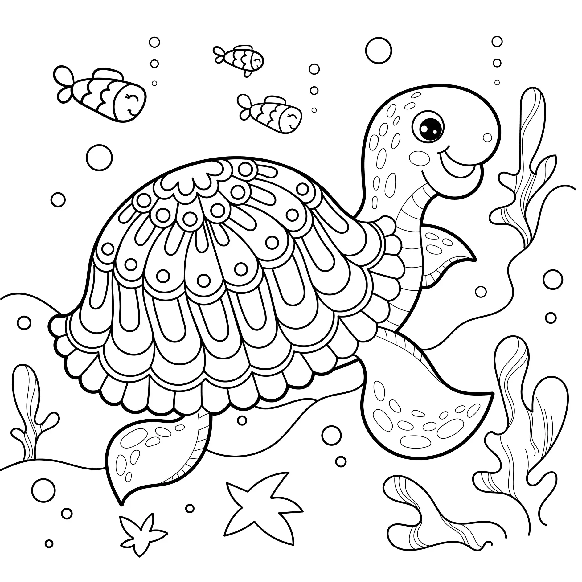 Ausmalbild Schildkröte unter Wasser mit Fischen