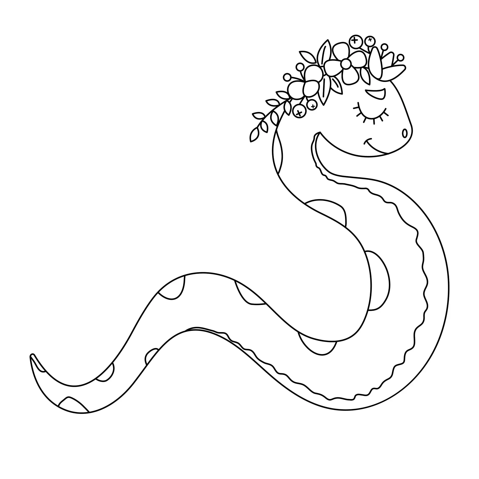 Ausmalbild Schlange mit Blumenkranz
