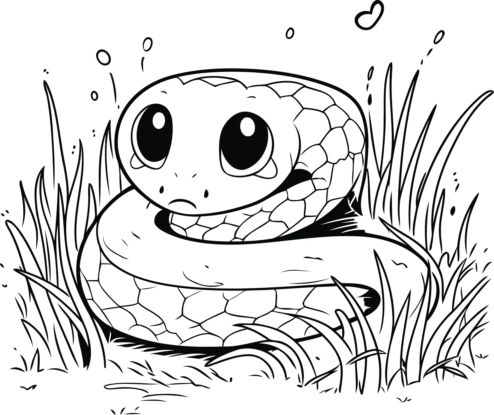 Ausmalbild Schlange mit großen Augen im Gras