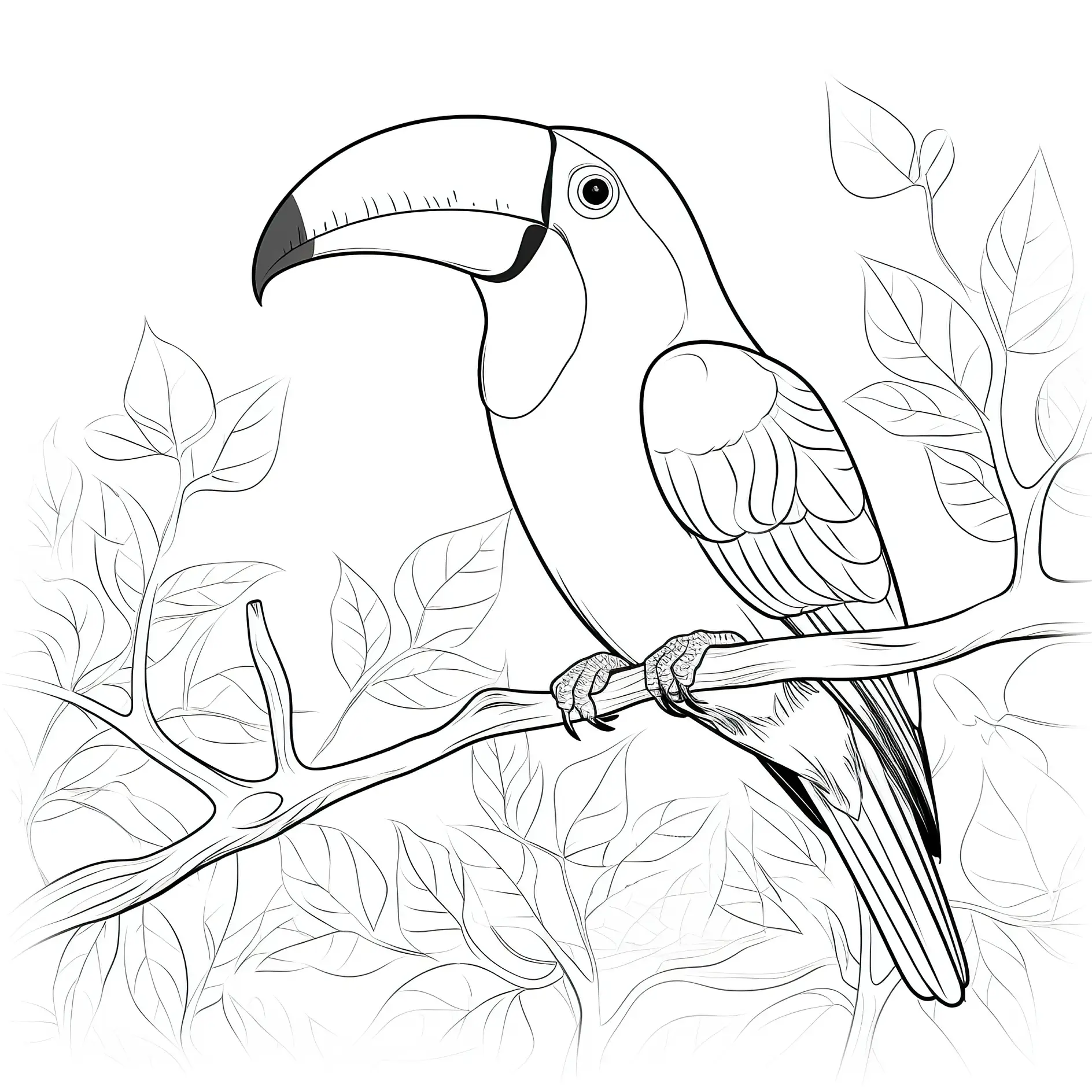 Ausmalbild Vogel auf Zweig Blätter