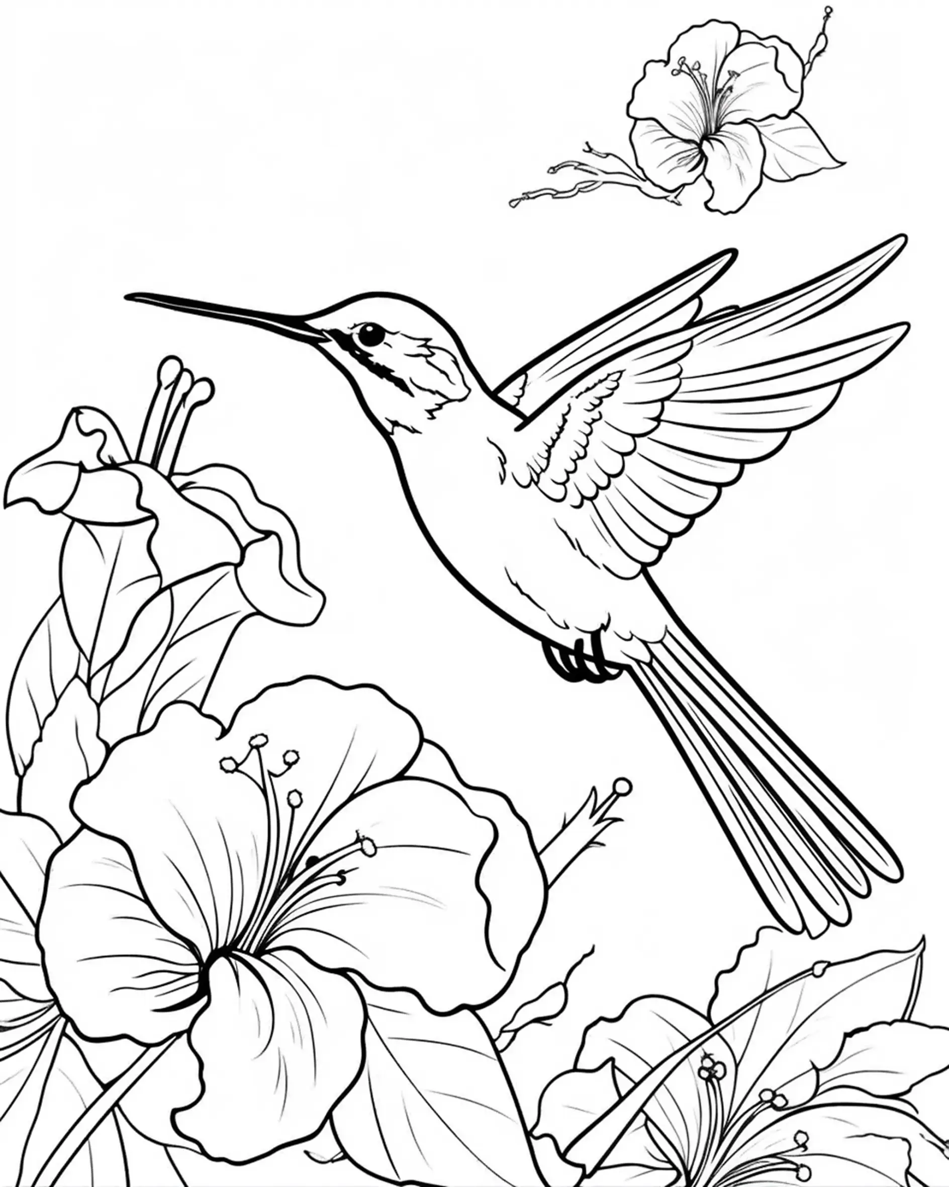 Ausmalbild Vogel fliegt Hibiskus Blüten