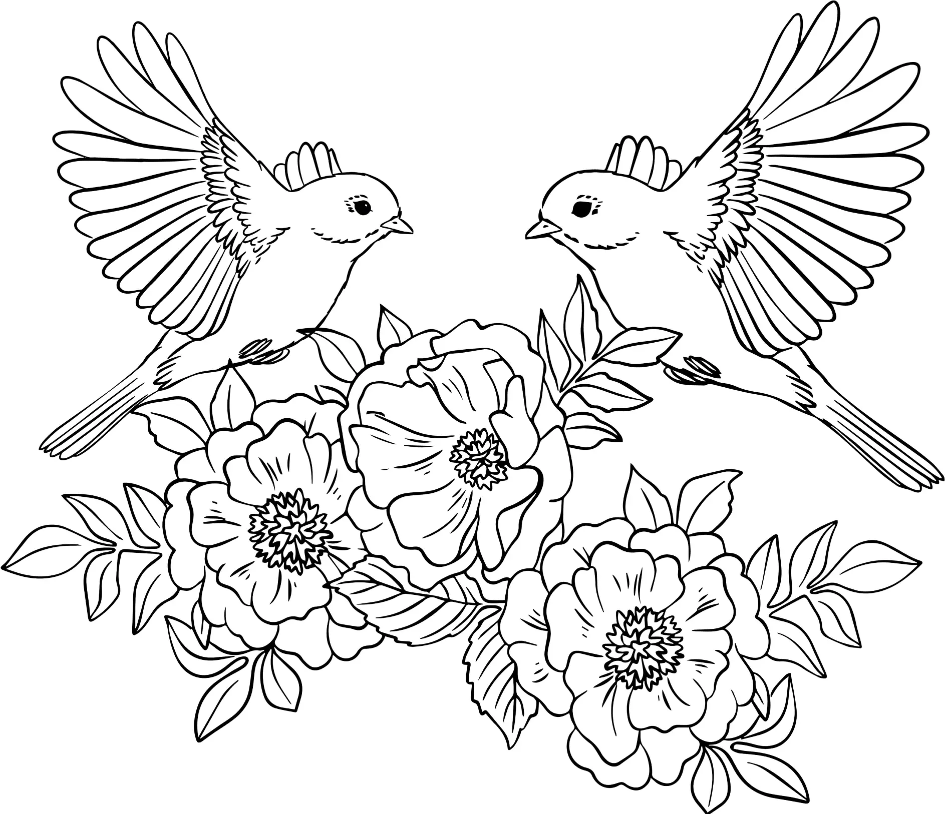 Ausmalbild zwei Vögel fliegend Blumen