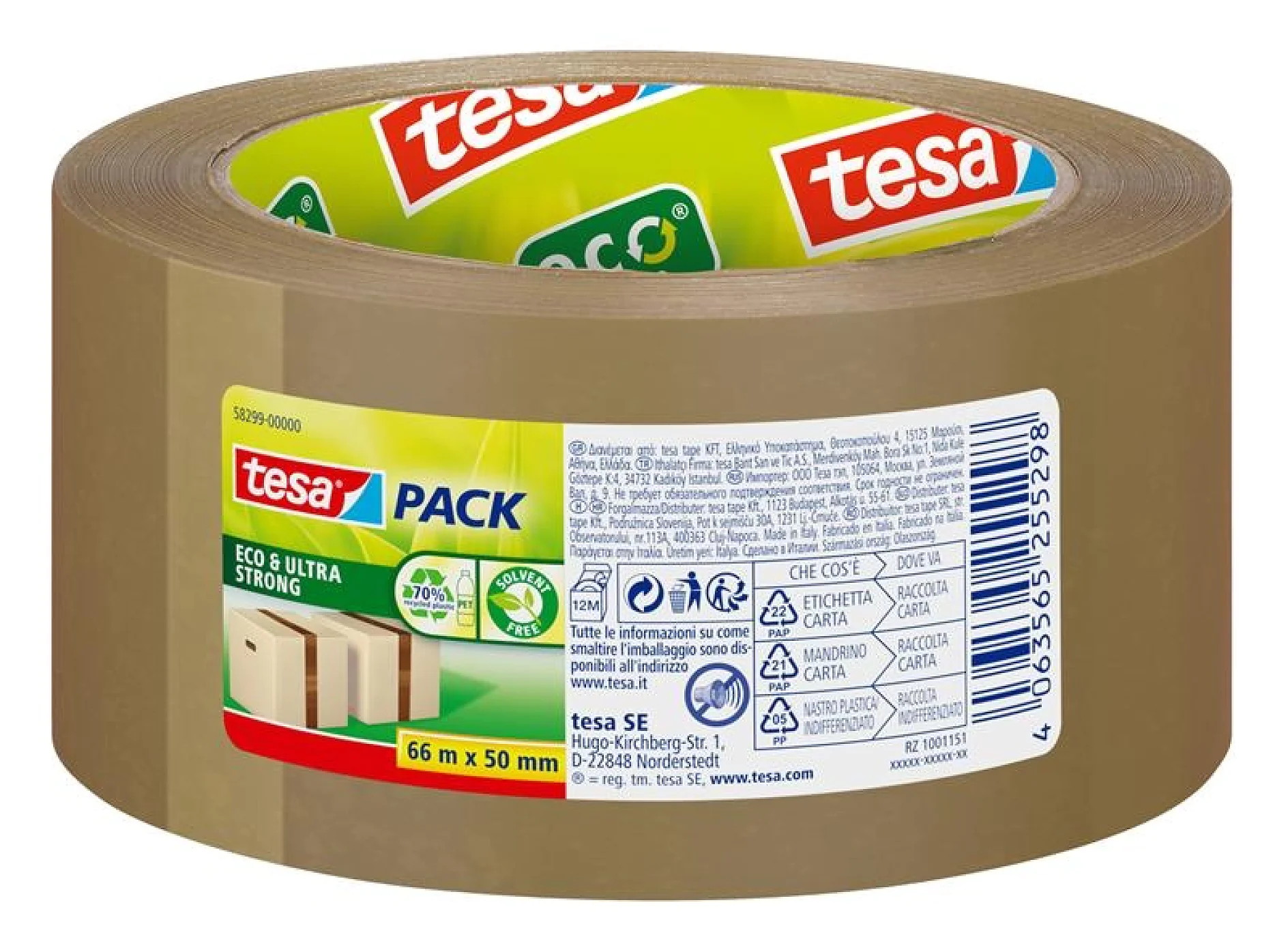 Abgebildet ist eine Rolle tesa Eco & Strong braunes Verpackungsband. Laut Etikett ist es 66 Meter lang und 50 Millimeter breit. Auf dem Etikett sind umweltfreundliche Symbole und Recyclinginformationen zu finden. (This text has been generated by AI)