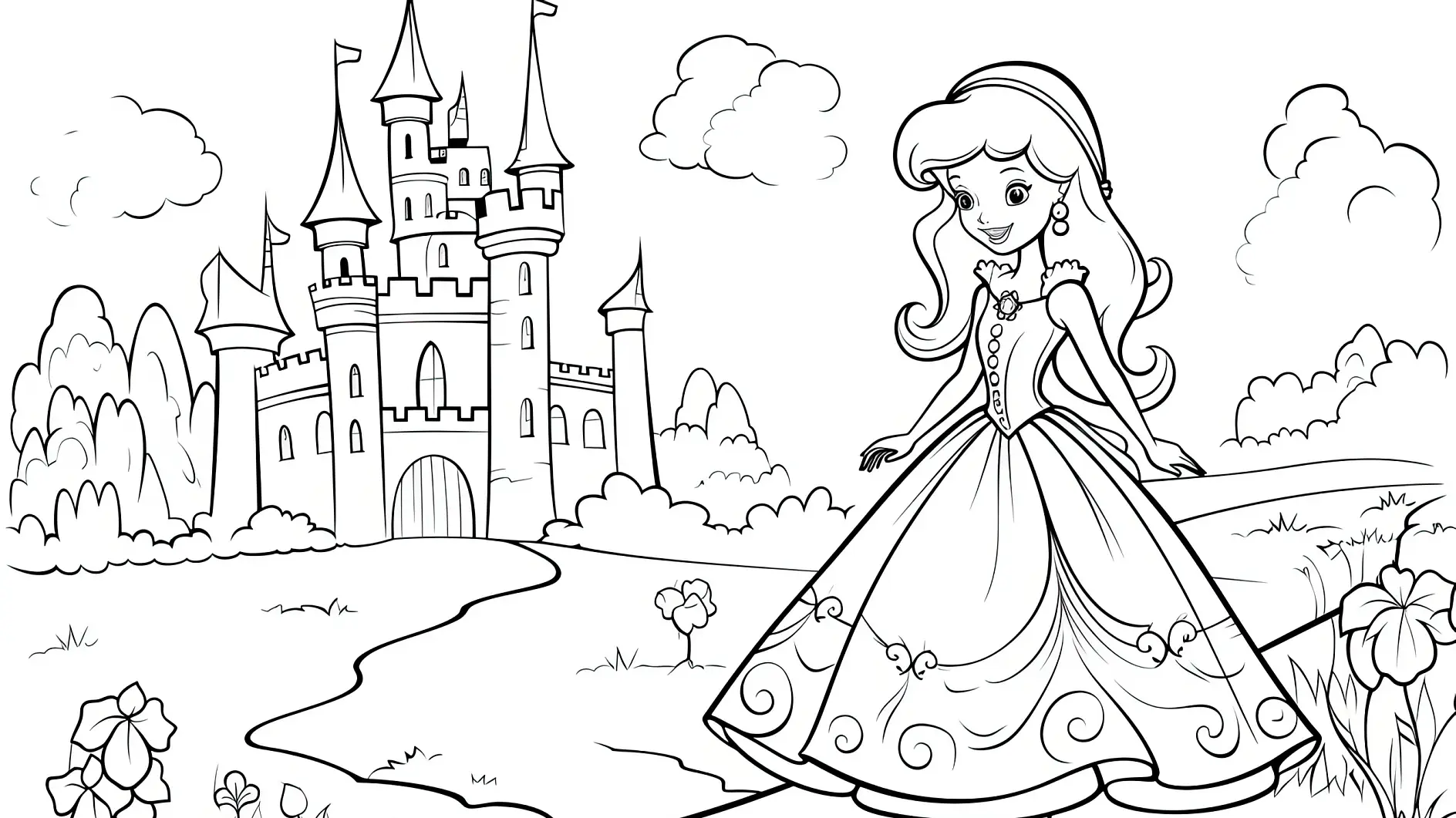 Bring the cartoon princess and castle to life by coloring their intricate line art. designe