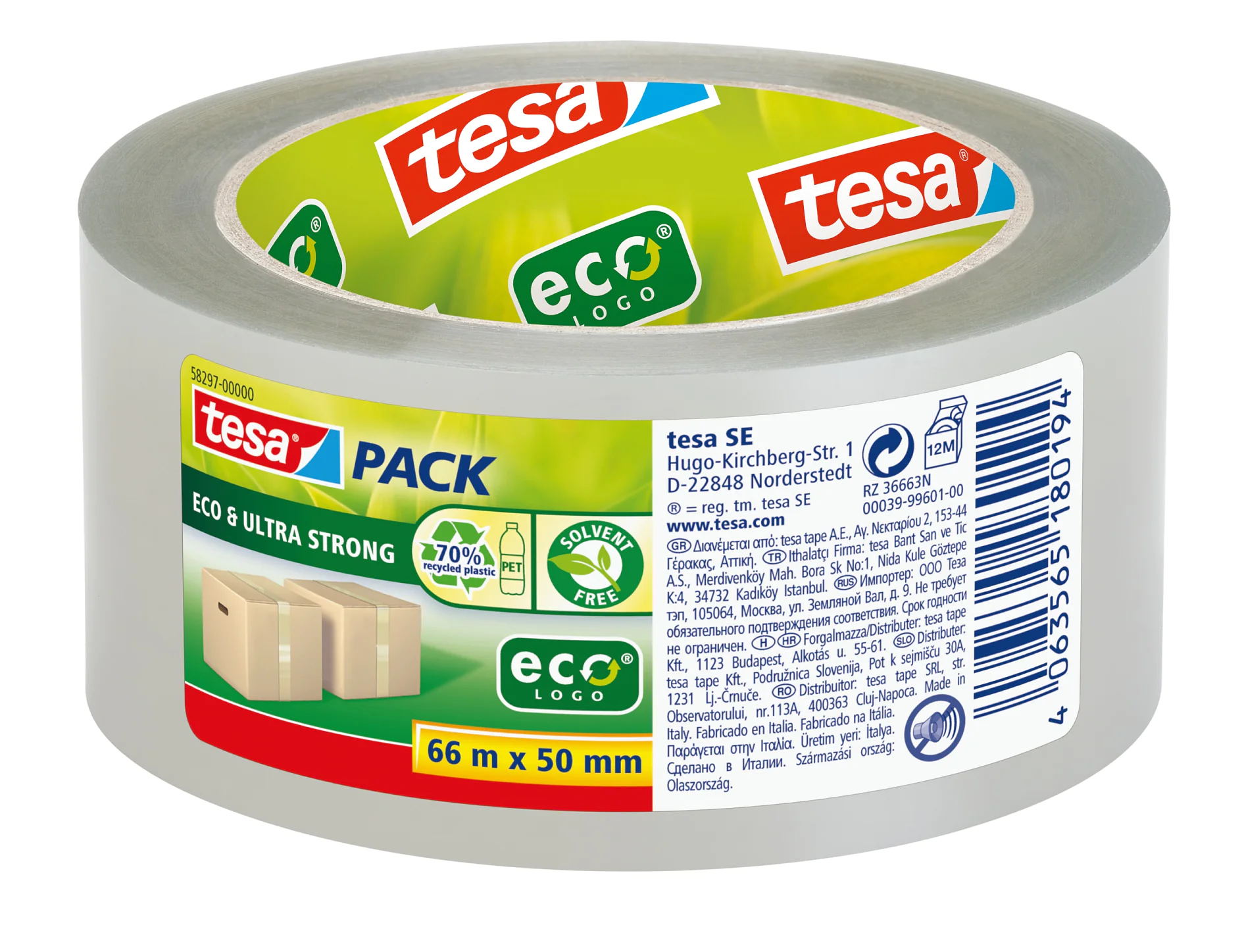 Eine Rolle transparentes tesa-Verpackungsband mit umweltfreundlicher Kennzeichnung. Auf der Verpackung ist die Marke tesa abgebildet und es werden Merkmale wie „Eco & Ultra Strong“ und „66 m x 50 mm“ hervorgehoben. Außerdem ist eine EcoLogo-Zertifizierung abgebildet. (This text has been generated by AI)