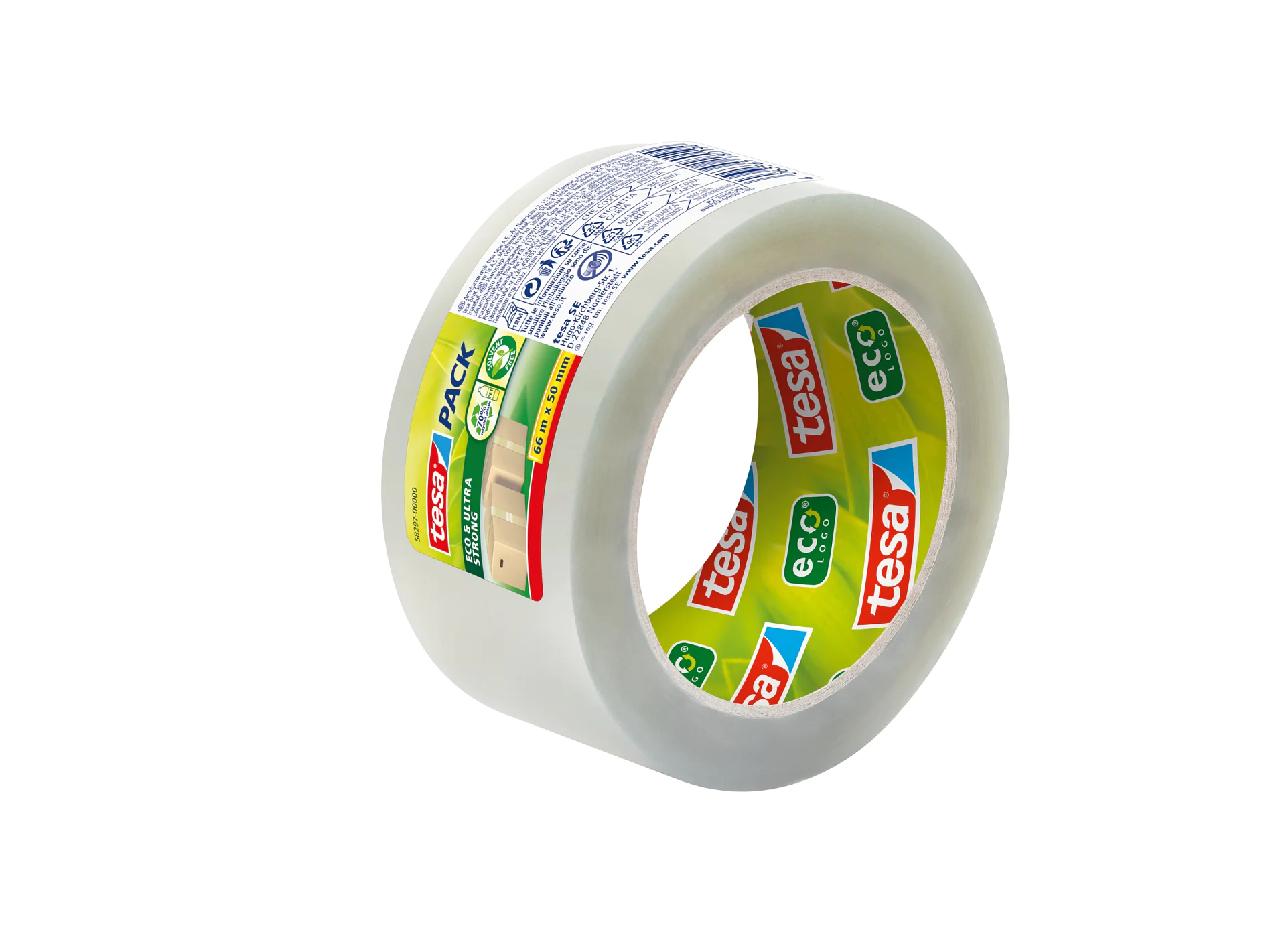 Eine transparente Rolle tesa Eco & Strong-Klebeband ist auf einem weißen Hintergrund abgebildet. Das tesa-Band hat eine grün-rote Beschriftung mit weißem Text sowie zusätzliche Informationen, die auf den inneren Kartonkern gedruckt sind. (This text has been generated by AI)