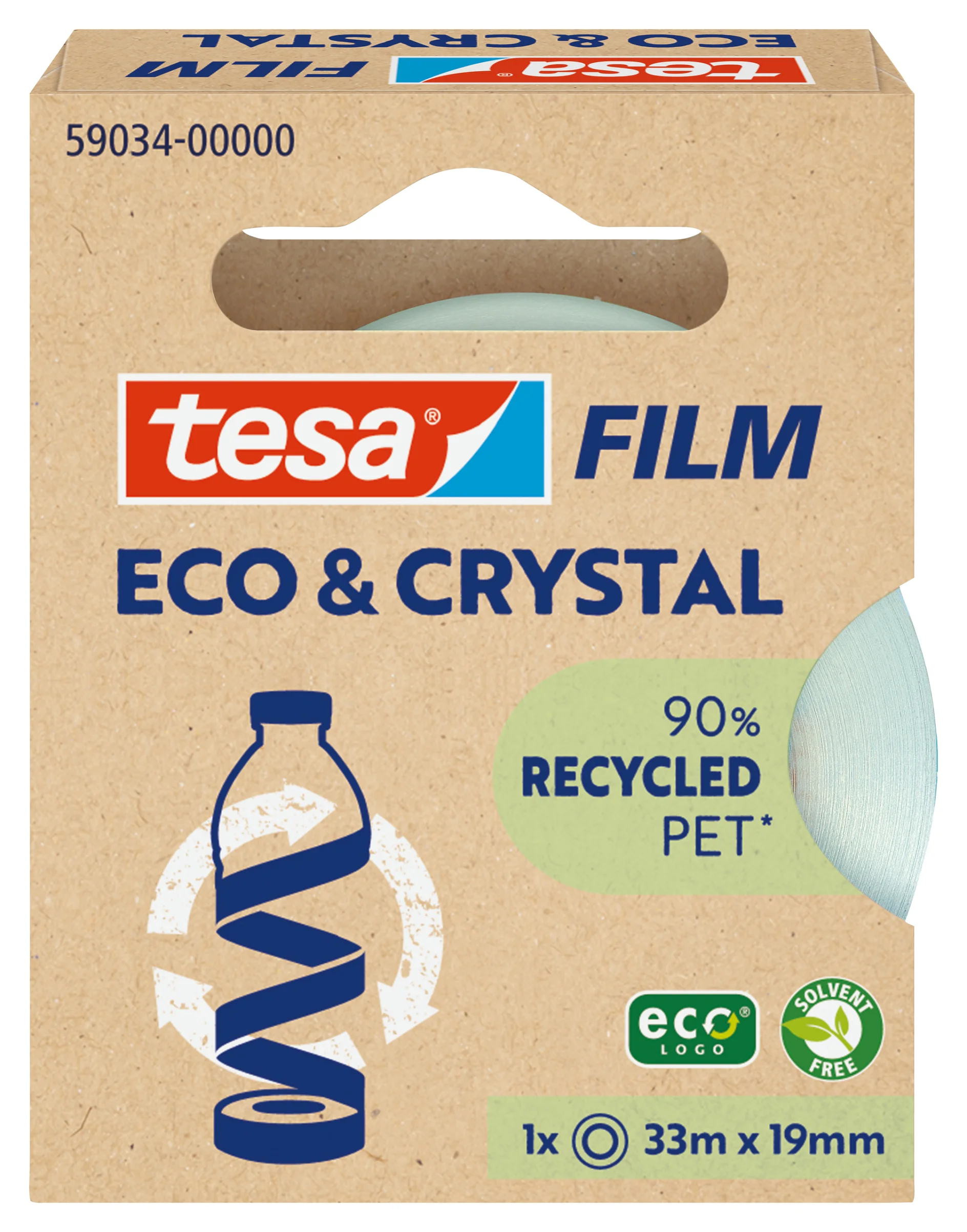 Das Bild zeigt die Verpackung für das Tesa-Klebeband Film Eco & Crystal. Es besteht zu 90 % aus recyceltem PET, wie auf der Vorderseite angegeben. Die Verpackung ist braun mit grünen Akzenten und trägt ein Öko-Logo sowie ein lösemittelfreies Etikett. Das Tesa-Klebeband misst 33 m x 19 mm. (This text has been generated by AI)