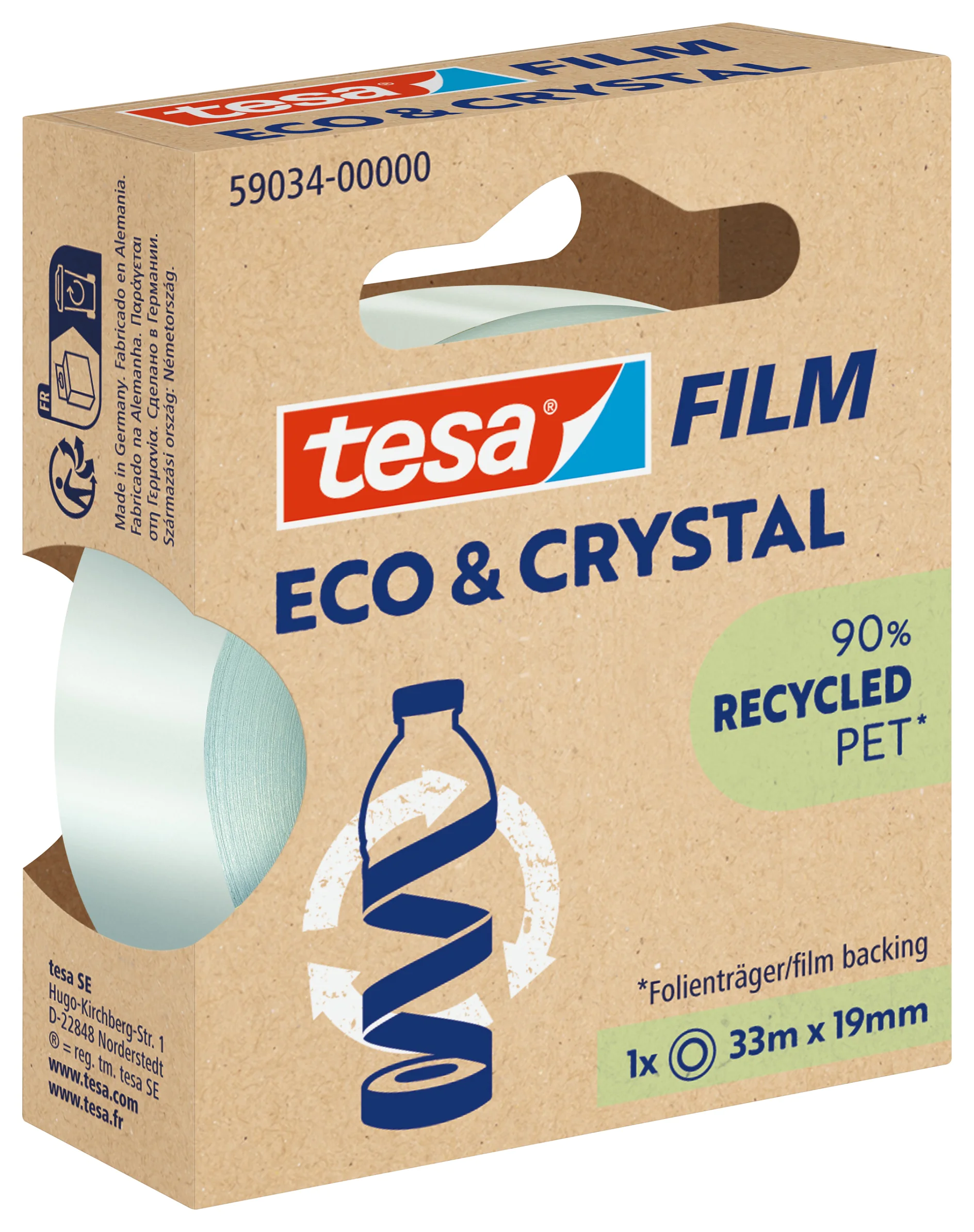 Eine Rolle Tesafilm Eco & Crystal ist in ihrer Verpackung abgebildet. Die Verpackung hebt die umweltfreundlichen Eigenschaften hervor: „90 % recyceltes PET“, begleitet von einer Flaschengrafik. Das Tesafilm wird als Einzelrolle beschrieben, 33 Meter lang und 19 Millimeter breit. (This text has been generated by AI)