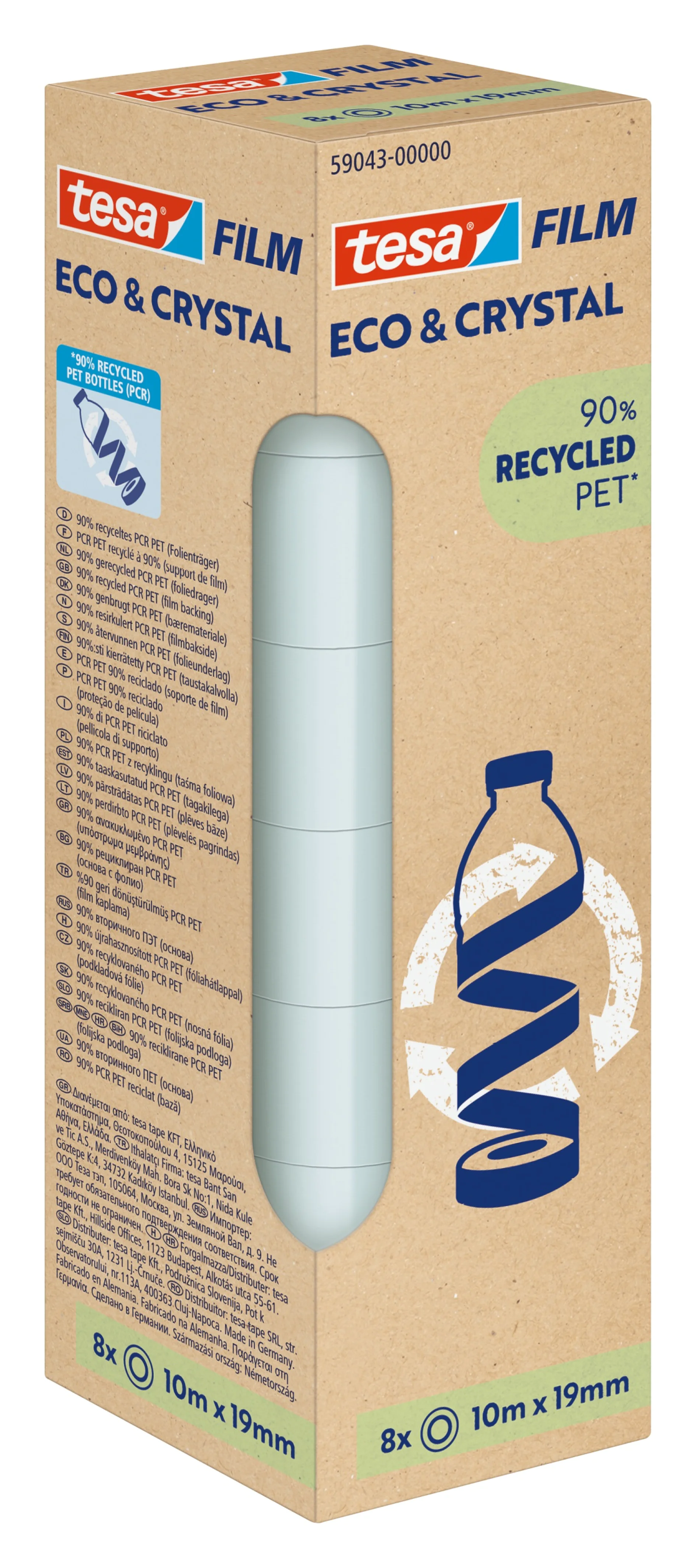 Eine Kartonverpackung mit der Aufschrift „tesa Film Eco & Crystal“ mit transparenten Tesa-Klebebandrollen. Der Text hebt „90 % recyceltes PET“ hervor und die Verpackung zeigt eine Abbildung einer Flasche und einer Tesa-Klebebandrolle. Enthält 8 Rollen, jeweils 10 m x 19 mm. (This text has been generated by AI)