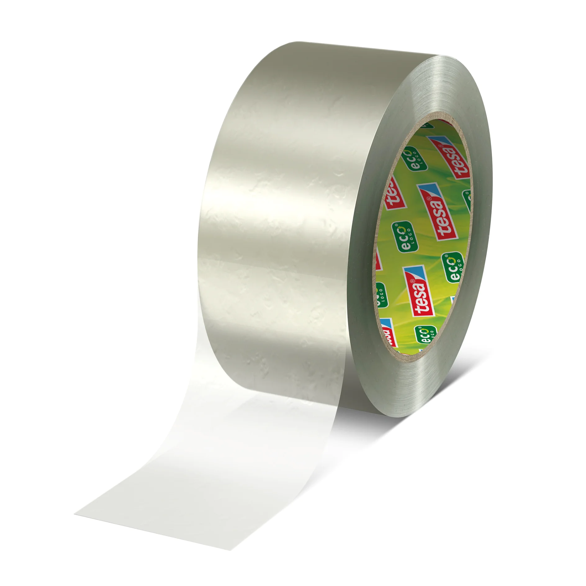 Eine Rolle silbernes Tesa-Klebeband ist teilweise abgerollt. Der innere Kern der Rolle ist mit bunten Logos und Texten bedruckt. Das Tesa-Band scheint glatt und reflektierend zu sein und fängt das Licht auf seiner Oberfläche ein. (This text has been generated by AI)