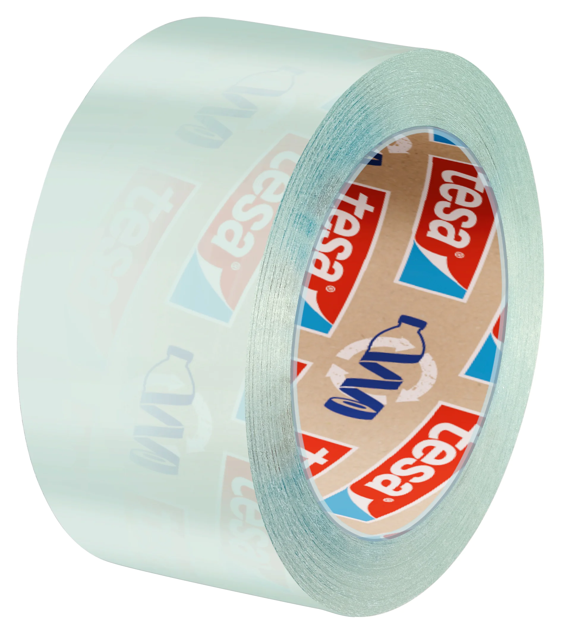 Eine Rolle transparentes Tesa-Klebeband mit blauem Farbton, teilweise abgerollt. Auf der Innenseite der Rolle ist ein Markentext in Rot und Blau zu sehen. (This text has been generated by AI)