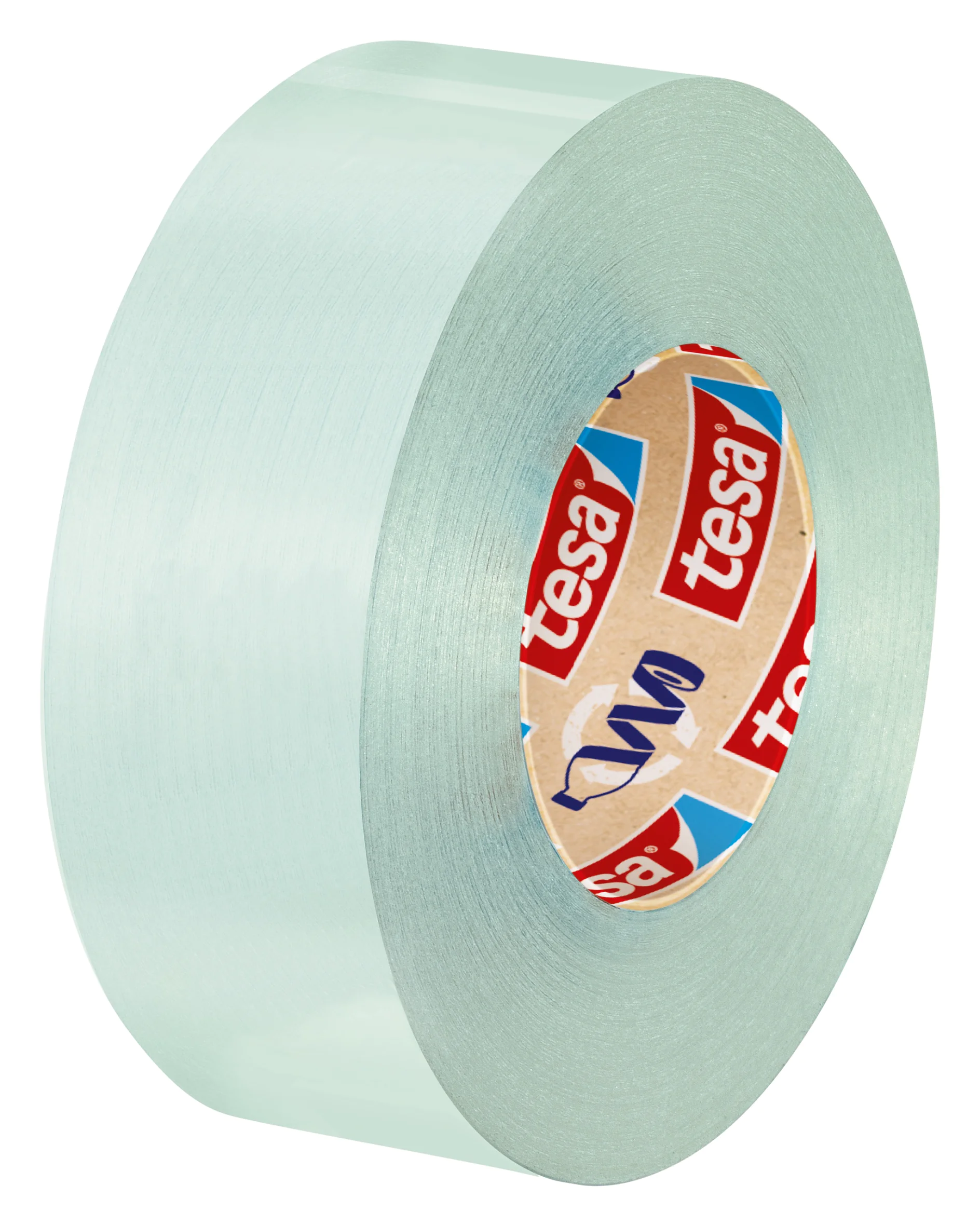 Eine Rolle transparentes Tesa-Klebeband mit Papierkern. Der innere Kern ist braun und mit dem Wort „Tesa“ rot-weiß gestaltet. Die Tesa-Bandrolle steht aufrecht und zeigt ihre zylindrische Form. (This text has been generated by AI)