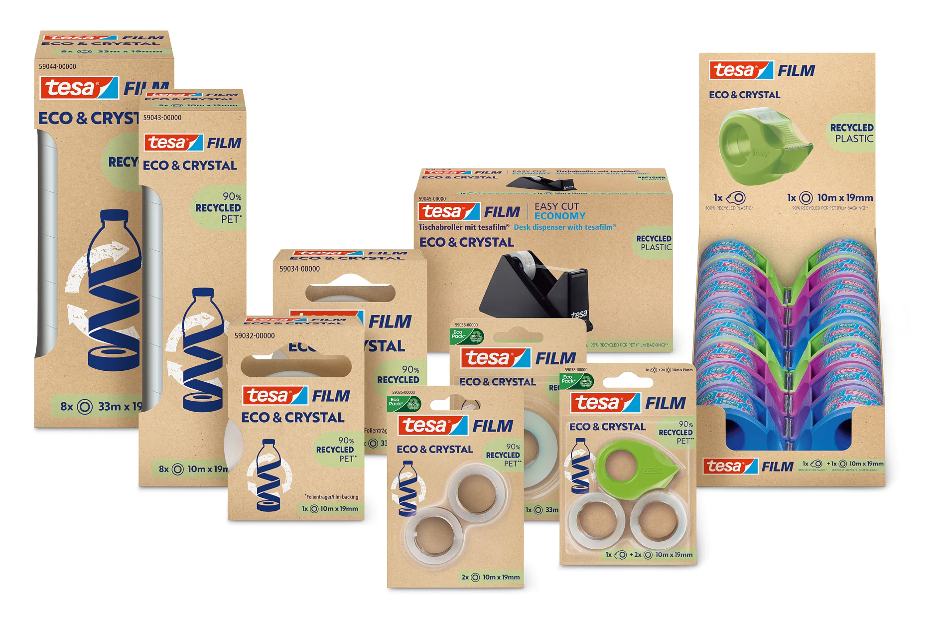 Eine Auswahl an Verpackungsprodukten der Marke tesa tape, darunter tesa-Klebebänder und -Spender. Die Produkte werden als umweltfreundlich beworben, mit Etiketten, die auf recycelten Kunststoff hinweisen. Die Verpackung ist in den Farben Braun und Grün gehalten. (This text has been generated by AI)