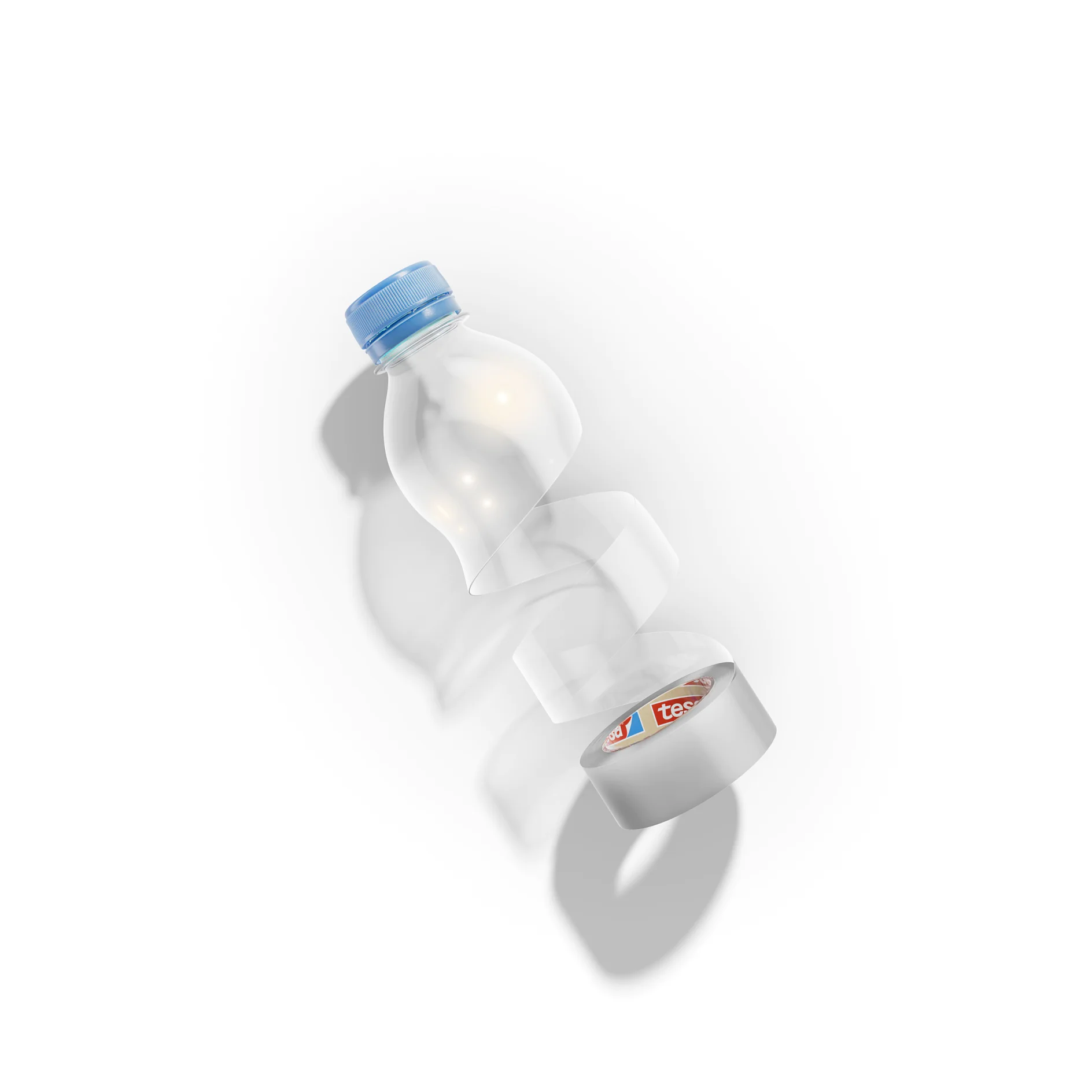 Eine Plastikflasche mit blauem Deckel ist in der Luft zu sehen, in vier Segmente geschnitten. In einem der Segmente befindet sich eine Rolle transparentes Tesa-Klebeband. Der Hintergrund ist schlicht weiß und unter den geschnittenen Abschnitten fallen Schatten. (This text has been generated by AI)